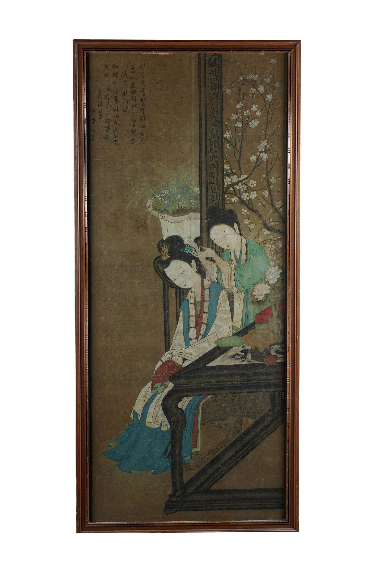 FRAMED CHINESE SCROLL PAINTING: Condition: areas of foxing to upper half frame size: 48 1/2 x 22 inches; sight: 46 x 19 1/2 inches