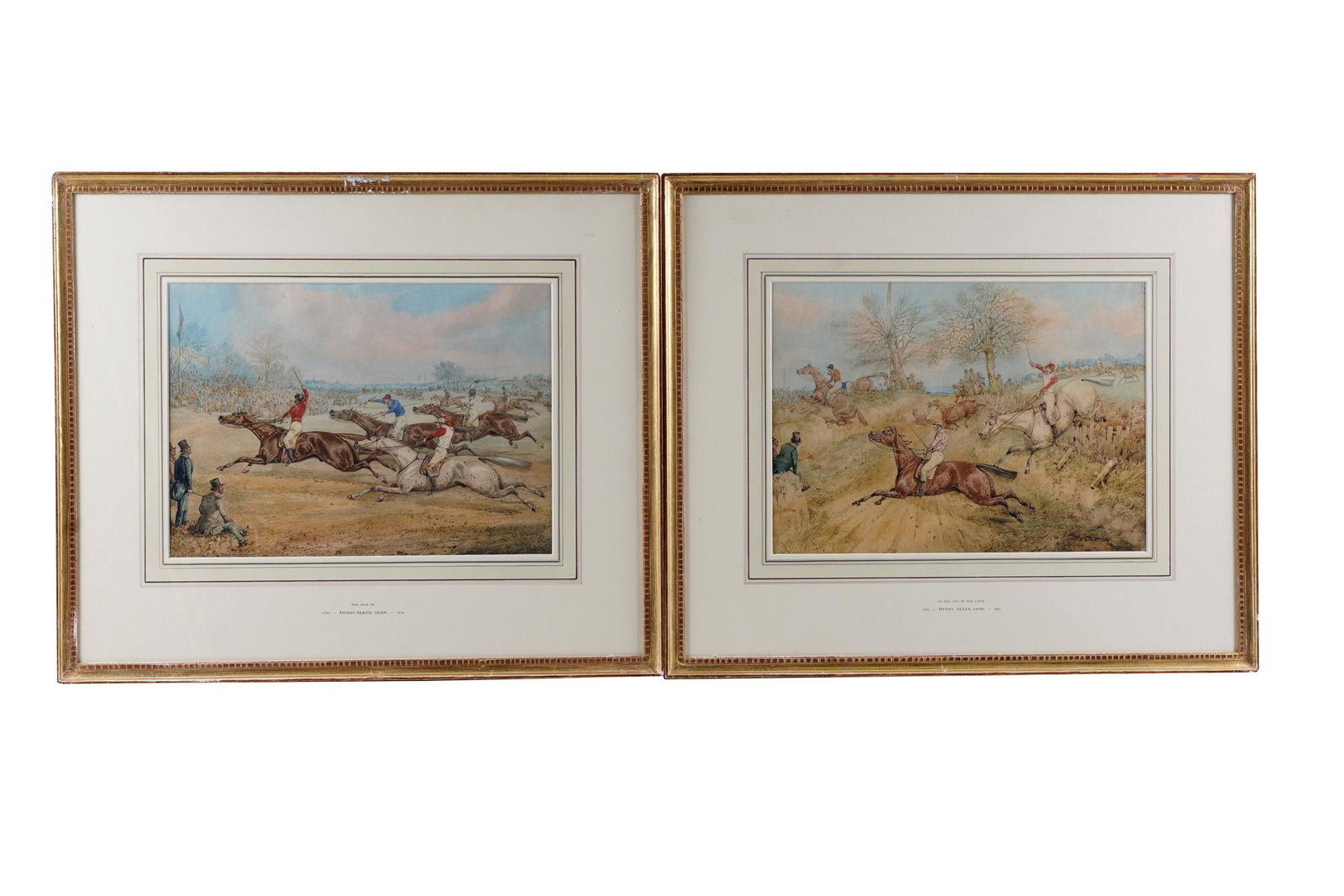 HENRY ALKEN, SR.: "THE STEEPLE CHASE SCENES" (SIX: circa 1847 watercolor on paper comprising: "The Warren Wall", "Wattle Fence with a Deep Drop", "The Brook", "The Starting Field", "In and Out of the Lane" and "The Run In " Provenance: each with galle