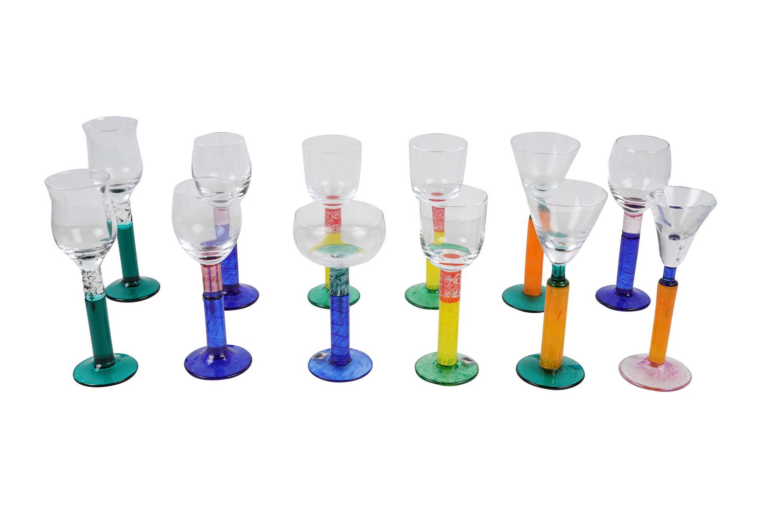 MORAVA COLLECTION OF TWELVE CZECH COLORED GLASS STEMS: with stickers and tag from Glass Atelier Morava Vizovice Condition: one broken largest stem 5 3/4 inches high