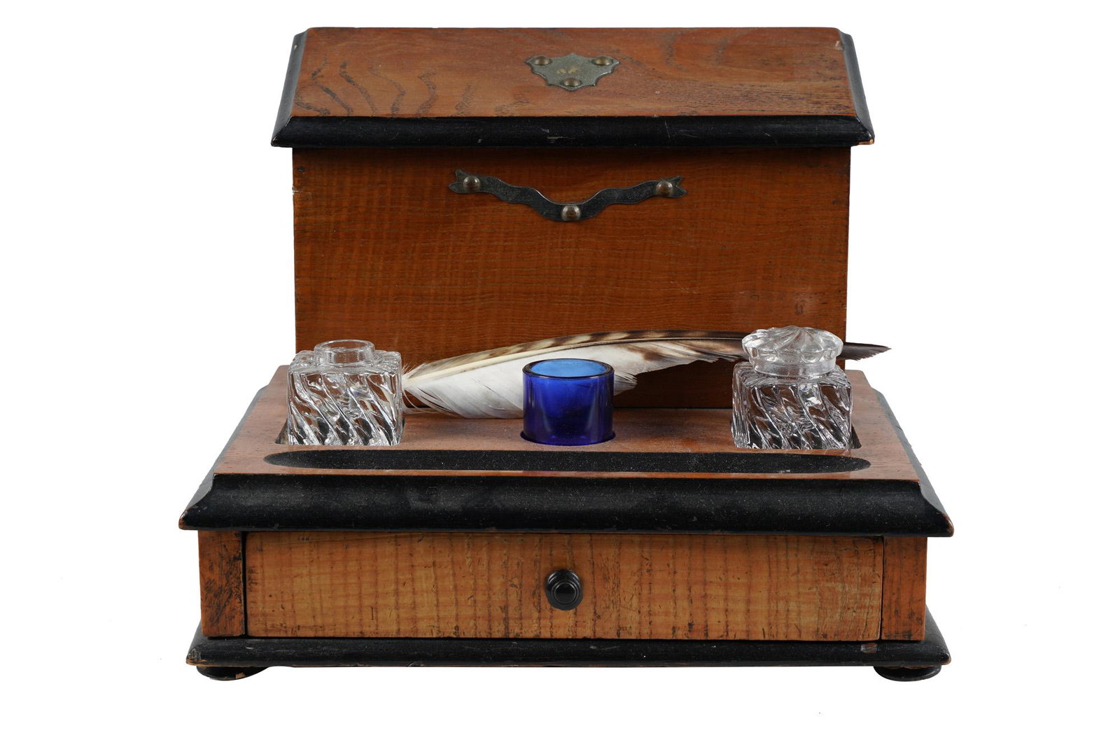 EDWARDIAN INKWELL DESK SET: with letter rack and two ink wells Condition: small losses to veneer. One glass ink jar missing lid 10 inches wide; 7 inches deep; 8 1/2 inches high