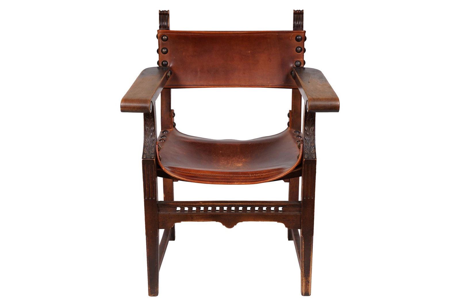 SPANISH CARVED WALNUT HALL CHAIR: Condition: good, with wear commensurate with age 27 inches wide; 19 1/2 inches deep; 35 1/2 inches high