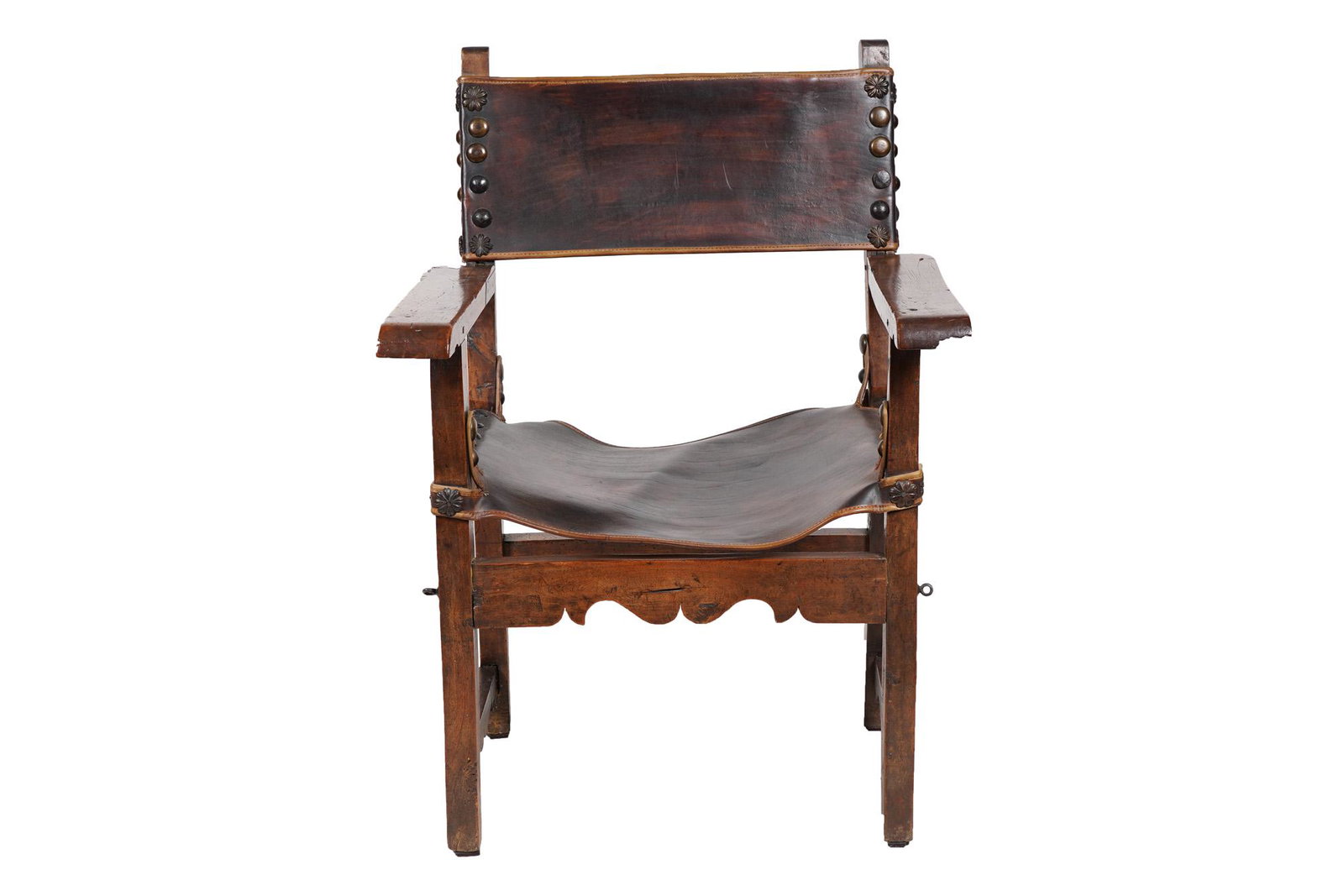 SPANISH WALNUT & LEATHER HALL CHAIR: Condition: scattered nicks and scratches, a few larger nicks to each arm 29 1/2 inches wide; 24 inches deep; 42 inches high