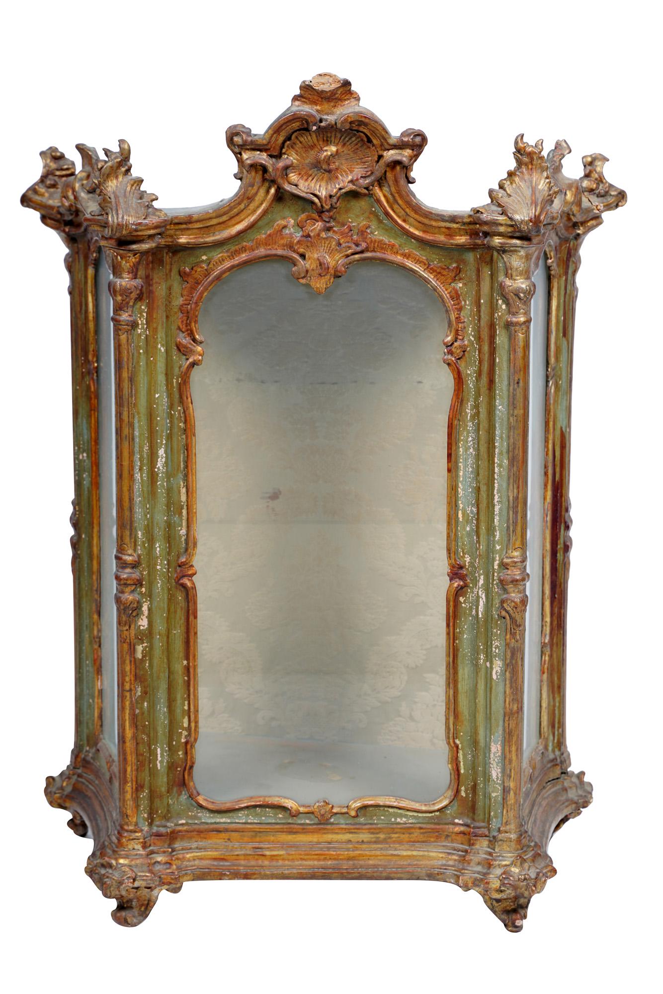 VENETIAN ROCOCO PAINTED & PARCEL GILT HANGING VITRINE: Condition: with insect exposure, having been repaired 27 inches wide; 15 inches deep; 36 1/2 inches high