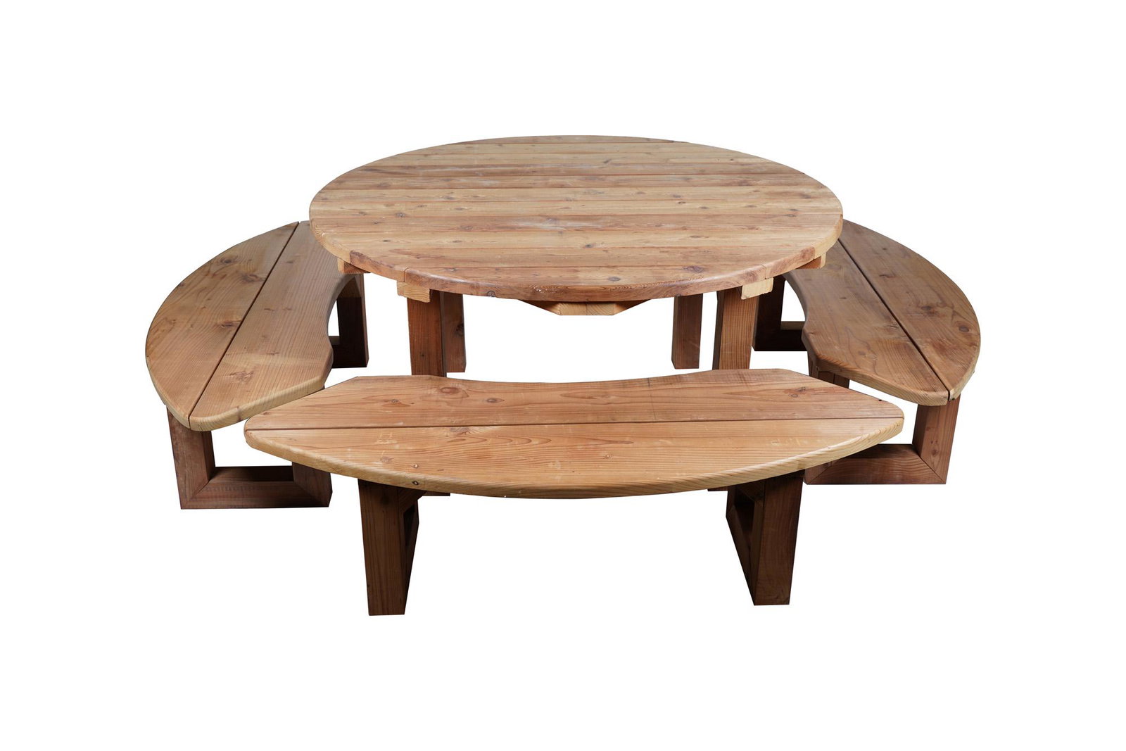 CIRCULAR REDWOOD PATIO TABLE & FOUR BENCHES: the table 60 inches diameter