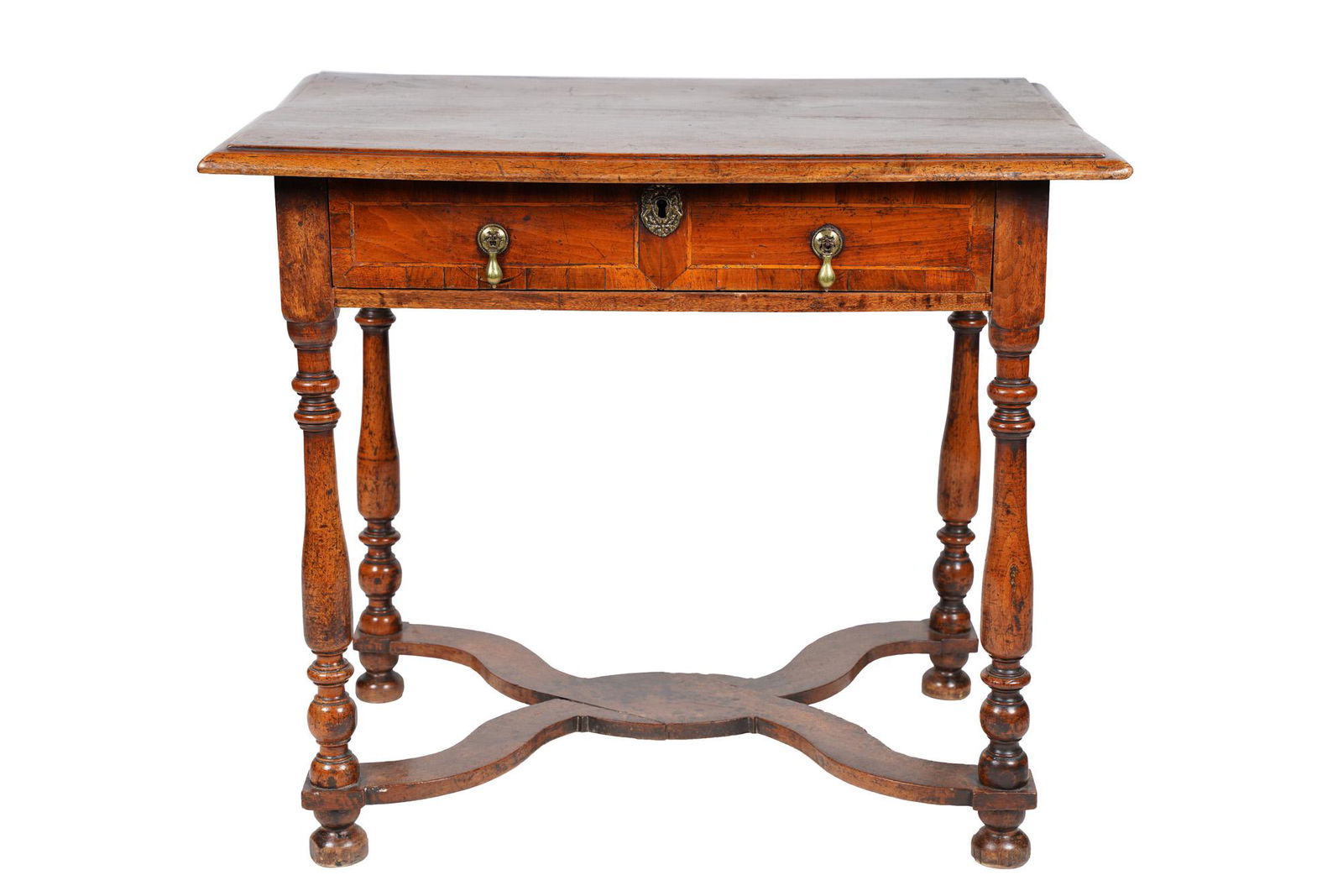 WILLIAM & MARY STYLE WALNUT SIDE TABLE: cross banded and burl veneer, with single drawer and brass drop-pulls 35 inches wide, 25 inches deep, 30 inches high