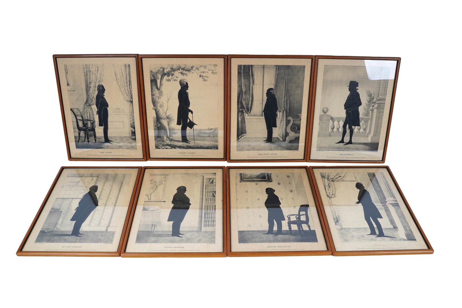 EIGHT KELLOGG LITHOGRAPHS AFTER WILLIAM HENRY BROWN: 19th century depicting silhouettes of various American political figures, including John Quincy Adams, Andrew Jackson, Martin Van Buren, Henry Clay and others Condition: toning to paper each frame siz