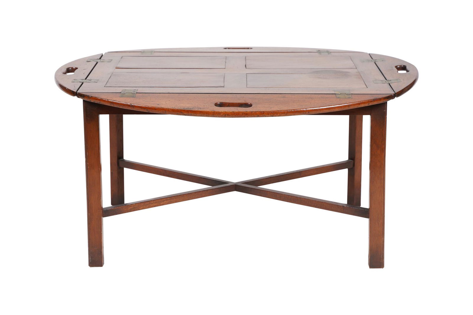 MAHOGANY BUTLERâ€™S COFFEE TABLE: 20th Century panels of top removable Condition: cracking to two panels on top, one with a small loss, general marks, nicks, and scratches commensurate with age 30 inches wide; 20 1/4 inches deep; 21 1