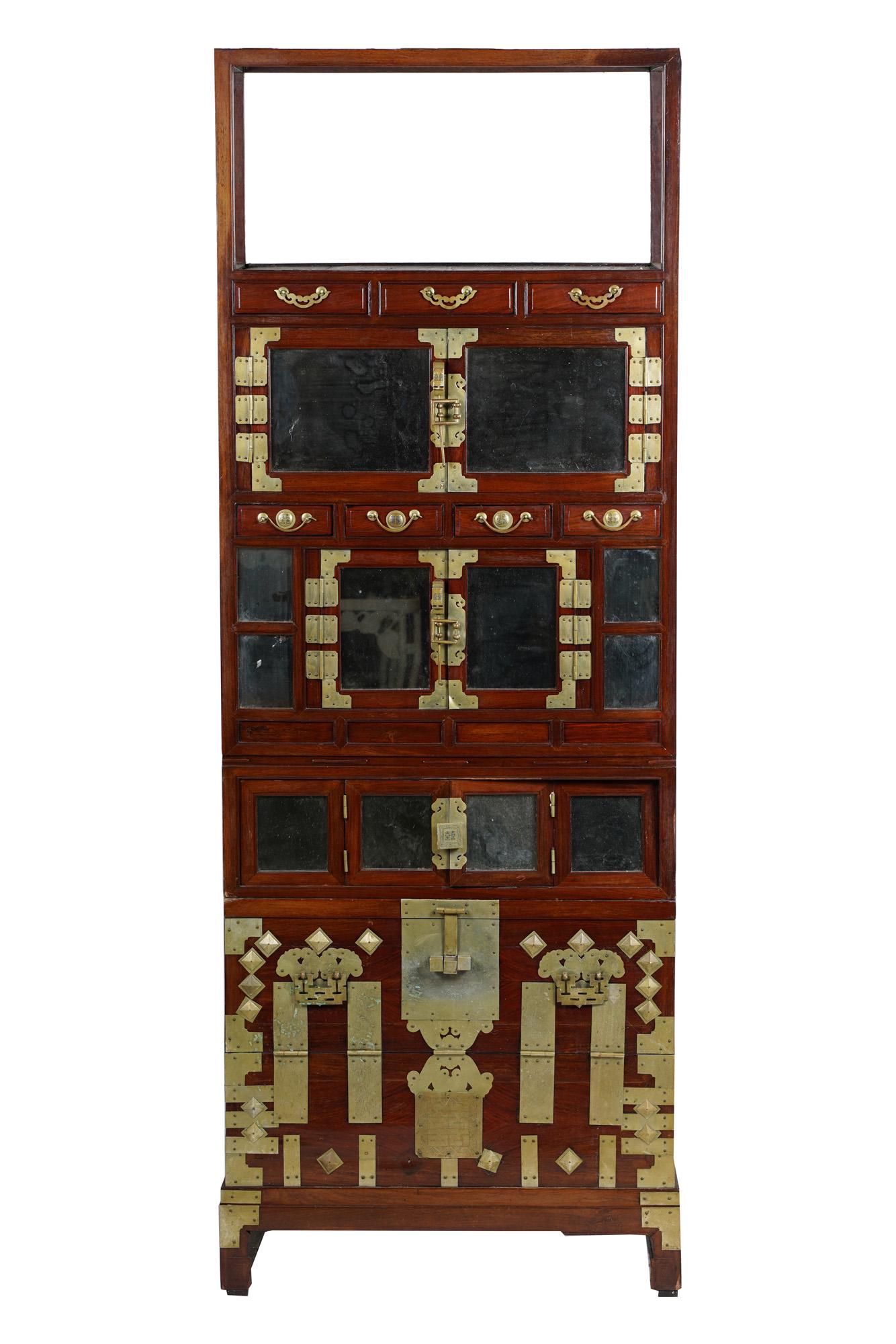 KOREAN TANSU: in two parts Condition: missing panel on side 25 inches wide; 14 inches deep; 68 3/4 inches high