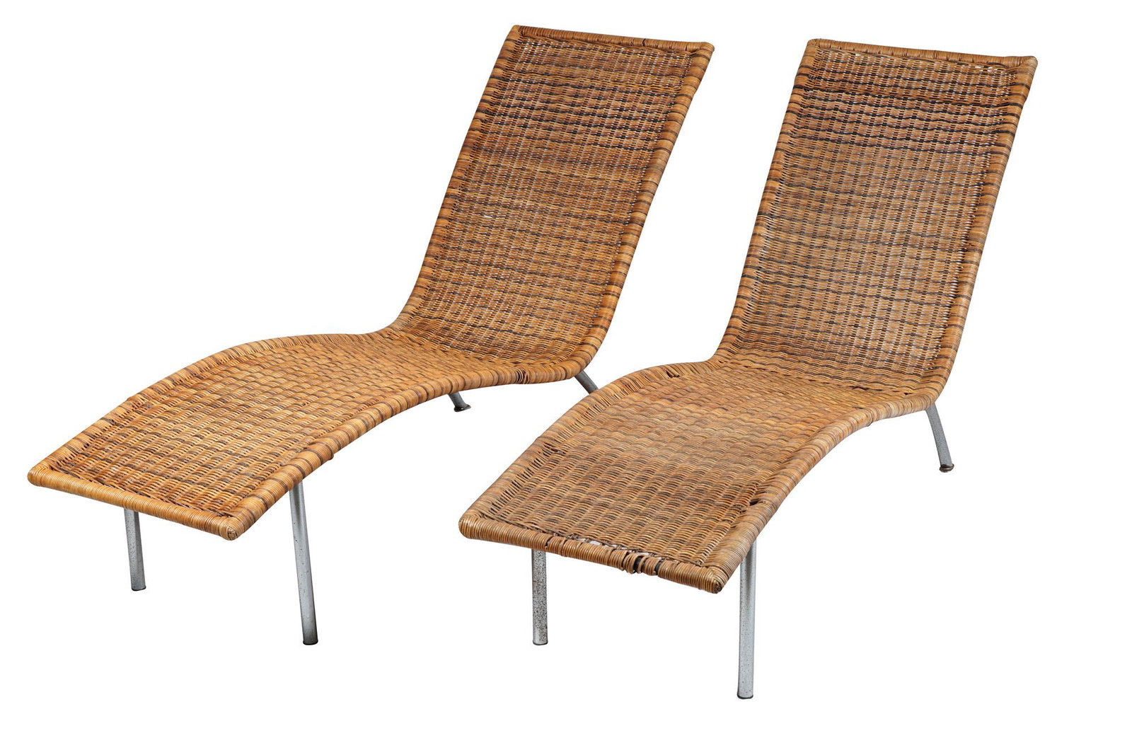 PAIR OF CONTEMPORARY WICKER & METAL CHAISE LOUNGES: Condition: with loose weaving 64 inches wide