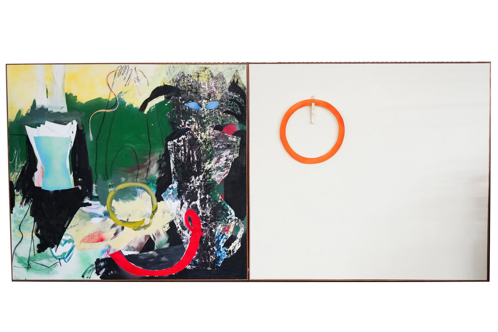 JULIA COUZENS: "THE RING TOSS": diptych painting acrylic on canvas signed and dated to back J. Couzens, 1986 Condition: craquelure and impact marks to the ring panel, with two breaks to the ring the colorful canvas: 61 1/2 x 67 inch