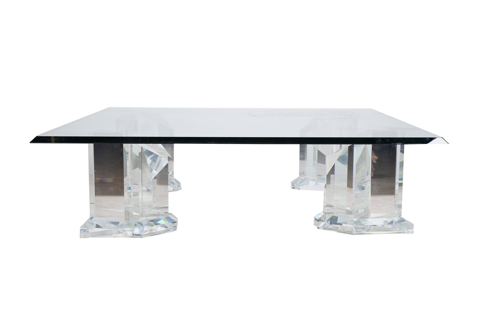 JEAN CLAUDE MAHEY: LUCITE & GLASS COFFEE TABLE: circa 1987 signed four geometric lucite bases supporting a large glass top 61 3/4 inches square; 17 1/2 inches high