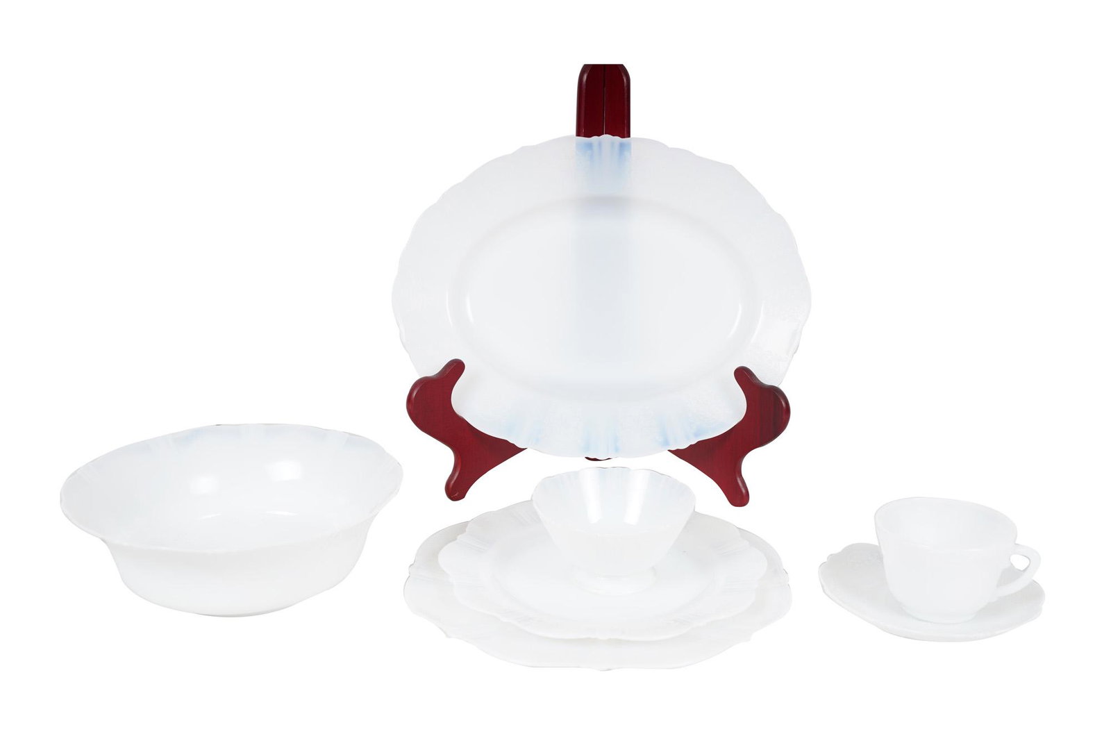 OPALINE GLASS DINNER SERVICE: with floral pattern comprising: one serving bowl with underplate, one oval platter, eight dinner plates, eight lunch plates, eight bread plates, eight footed bowls, ten shallow bowls, seven teacups, e