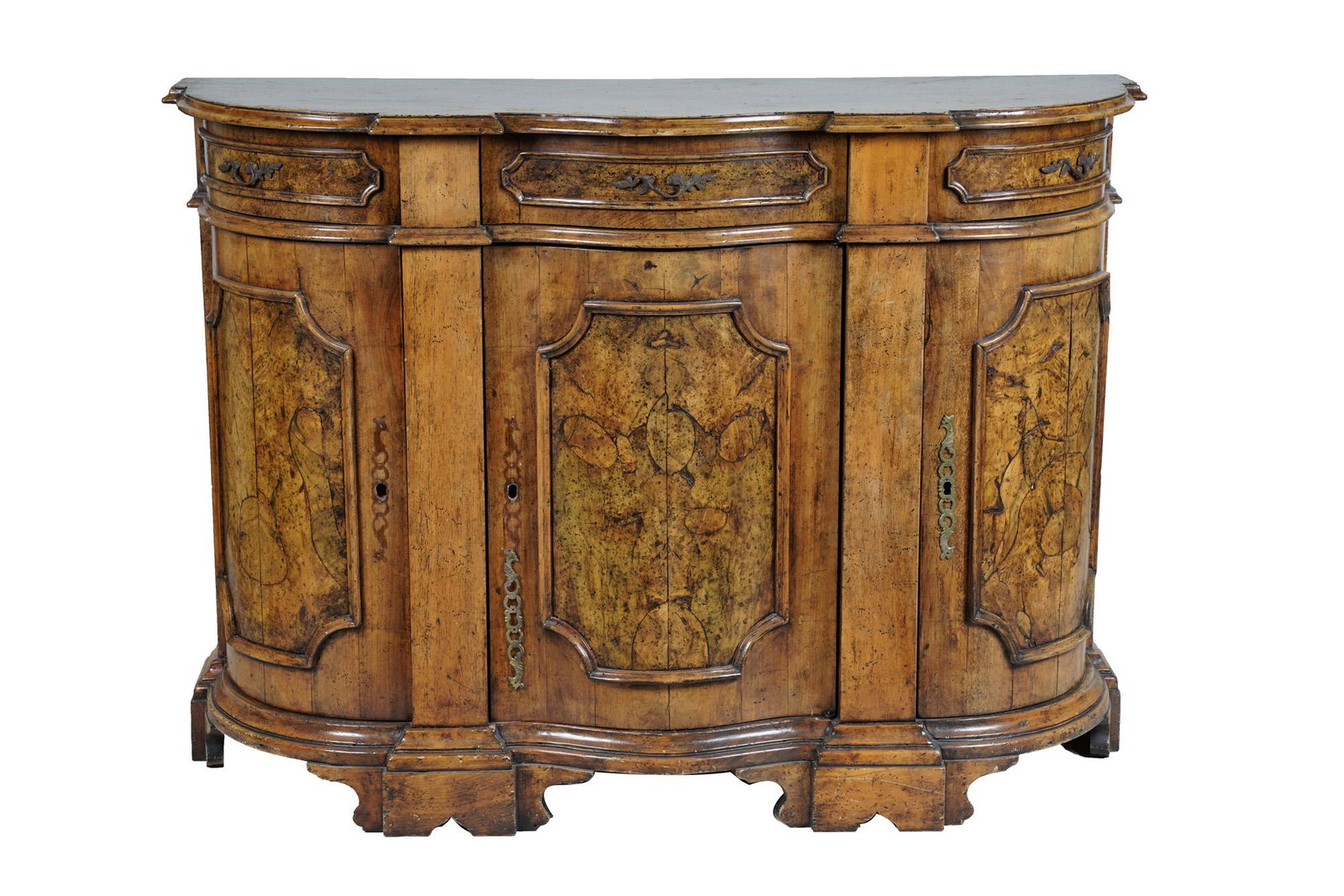 ITALIAN BAROQUE STYLE BURL WALNUT CREDENZA: 20th Century, Condition: with fading for exposure 52 inches wide; 17 inches deep; 37 ½ inches high