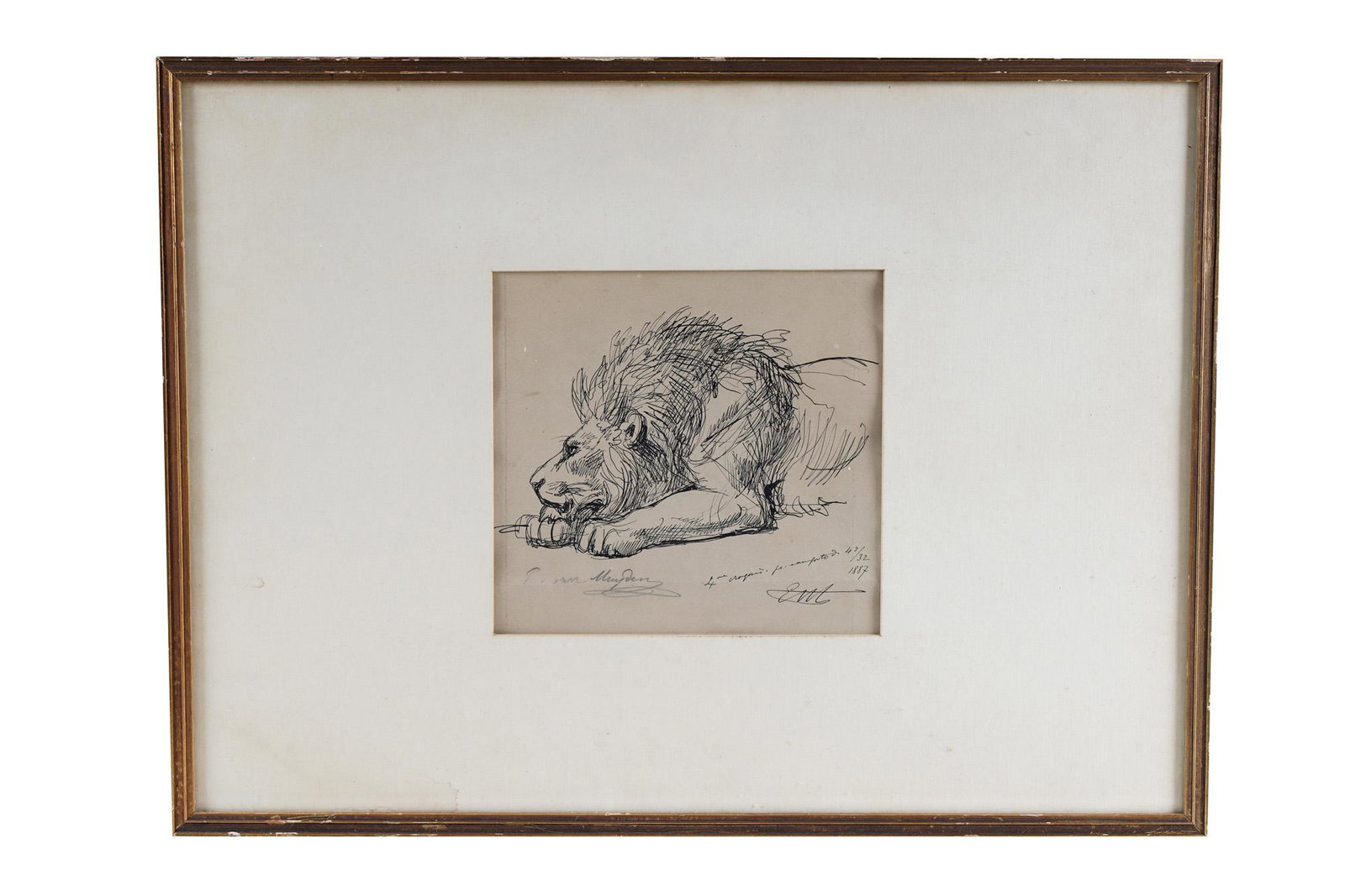 EVERT LOUIS VAN MUYDEN: "RECLINING LION": dated 1887 signed in pencil and in printblock; numbered 4(?) of 32 etching Provenance: The Douglas & Eunice Goodan Living Trust; printed label "from The Vincent Price Collection / Sears, Roebuck and C