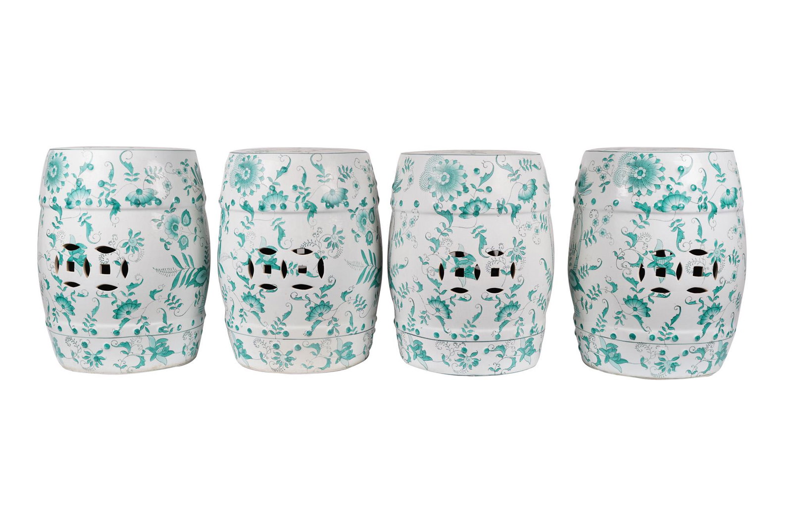 SET OF FOUR CHINESE STYLE GARDEN STOOLS: Condition: one damaged and repaired the seat: 12 inches diameter; 18 1/2 inches high