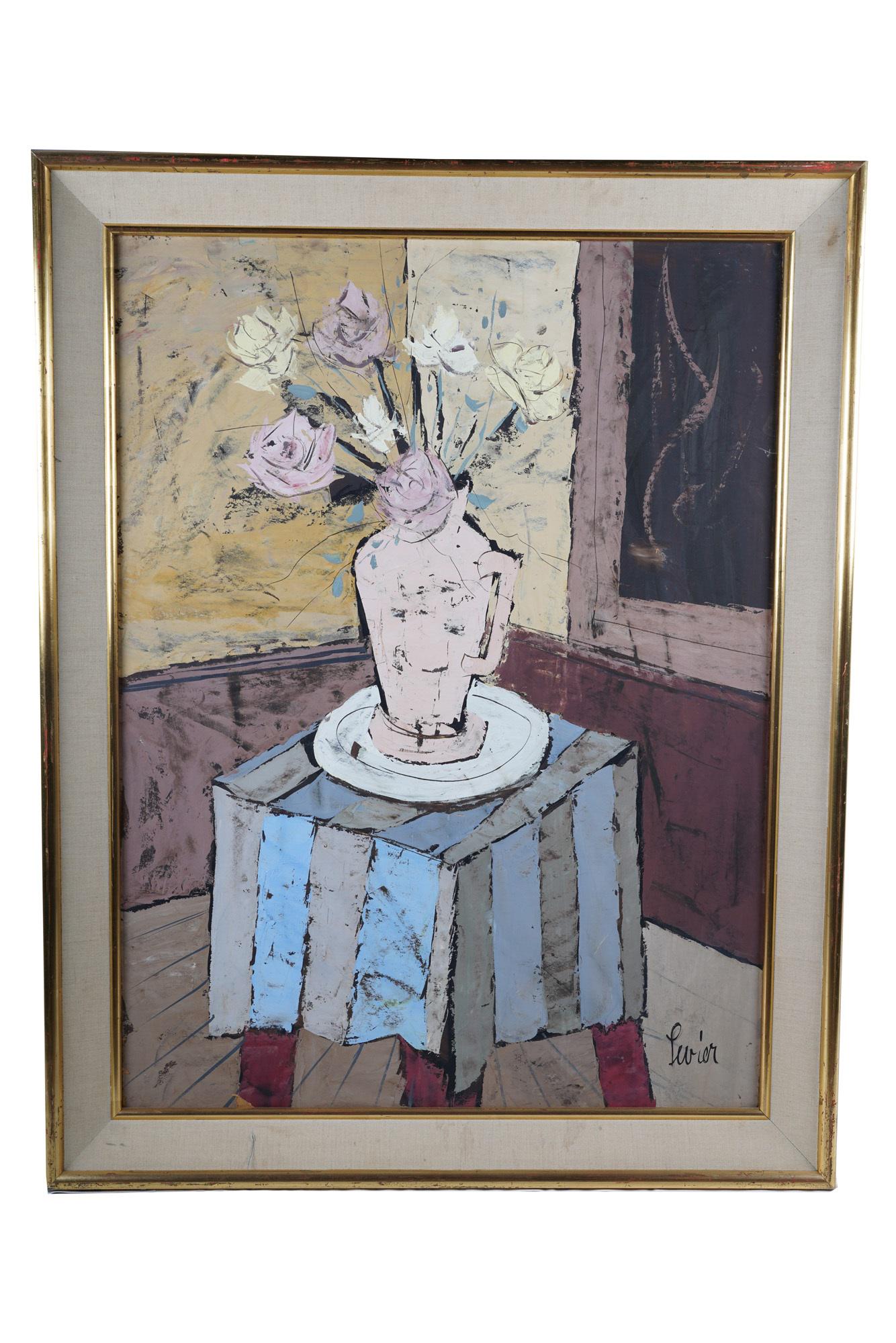 CHARLES LEVIER: "STILL LIFE OF PITCHER & ROSES": oi l on board signed lower right 40 x 30 inches