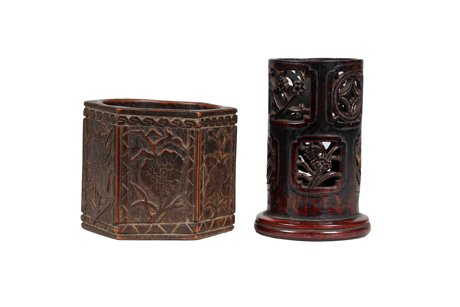 TWO KOREAN CARVED WOOD BRUSH POTS: the taller 5 1/4 inches high