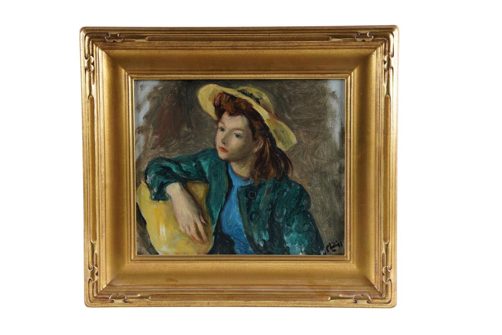 ROBERT PHILIPP: "GIRL WITH YELLOW HAT": oil on canvas, relined signed lower right Provenance: De Ru's Fine Arts, Bellflower, CA.; estate of Dewitt McCall III 11 x 13 inches