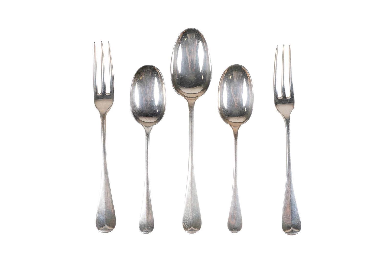 PARTIAL VICTORIAN STERLING FLATWARE SET: 1895 London, maker's mark of William Hutton & Sons Ltd each with rat tail detail, each engraved to underside of terminal with a heraldic crest, comprising six dinner forks (7 5/8"), six salad forks (6