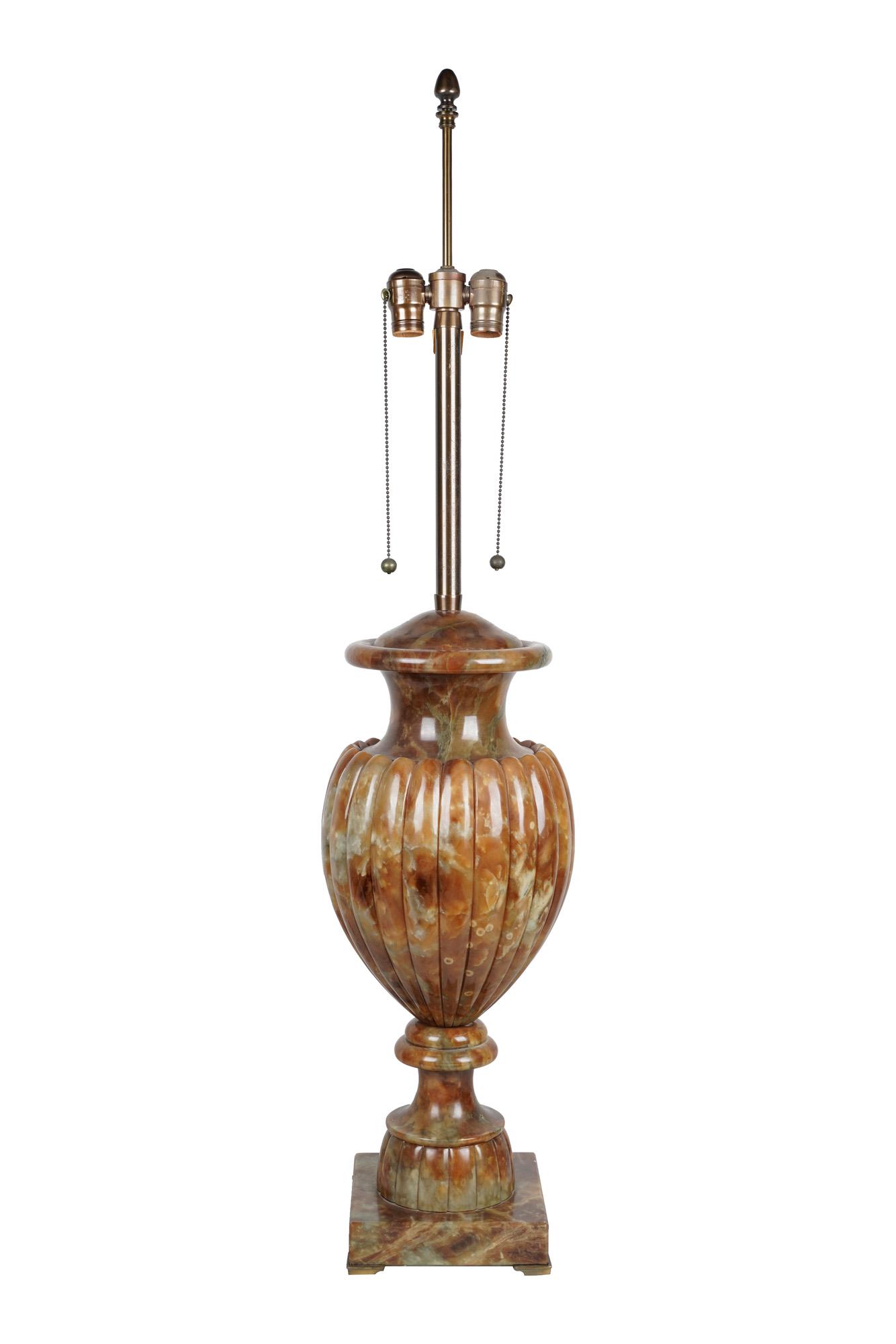ALABASTER TABLE LAMP: 25 inches high; 46 total inches high
