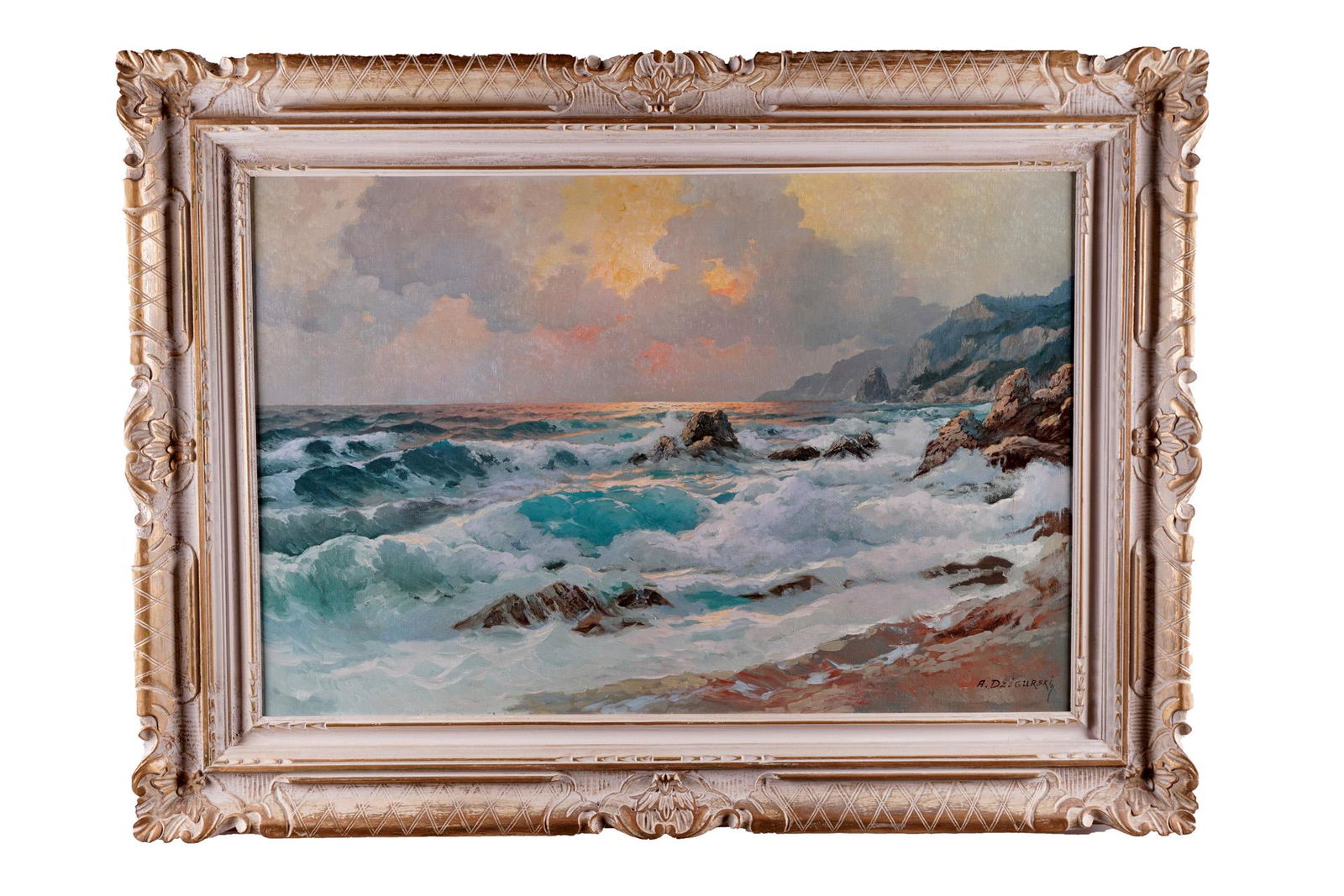 ALEXANDER DZIGURSKI: "CRASHING WAVES": oil on canvas signed lower right 24 x 36 inches