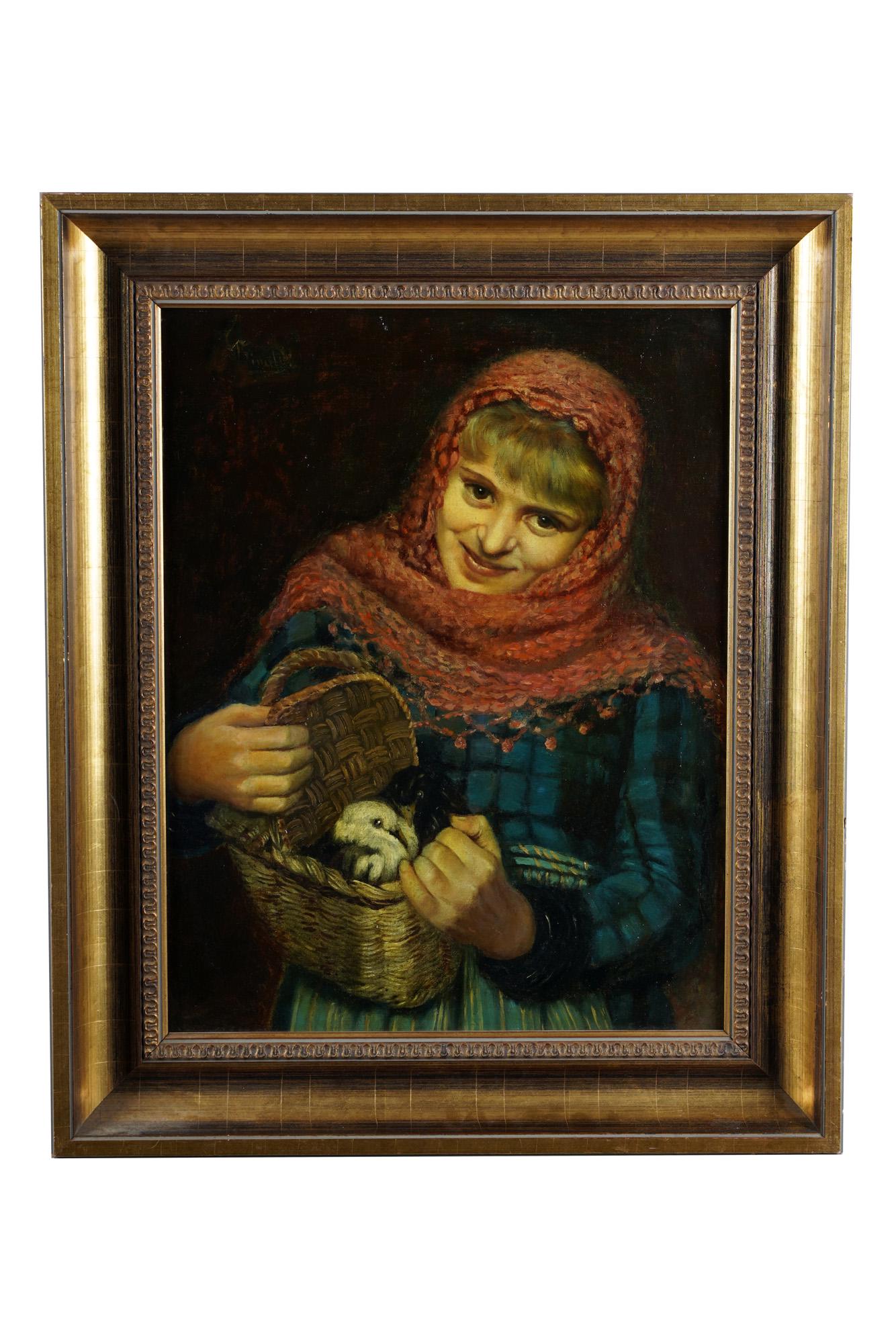 PORTRAIT OF A GIRL WITH BASKET: oil on masonite 22 x 17 inches