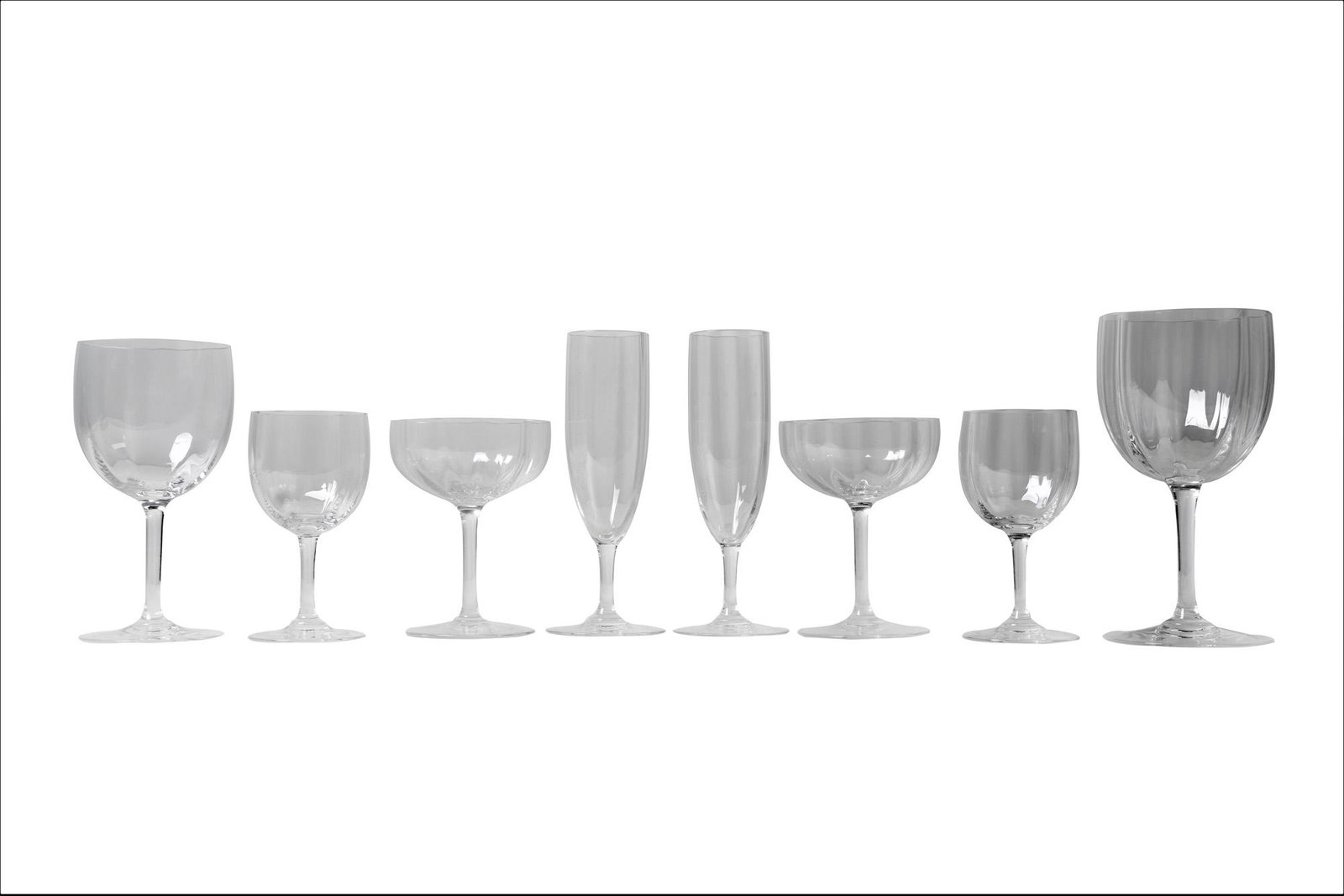 SET OF BACCARAT STEMWARE: Montaigne pattern comprising: 40 coupes (5"), 1 coupe (5 1/2"), 30 wine (5 3/4"), 14 wine (7"), 43 port (4 7/8), 34 flutes (7"), and 23 wine (6 1/4") [185 total pieces] Conditin: good, no cracks or ch