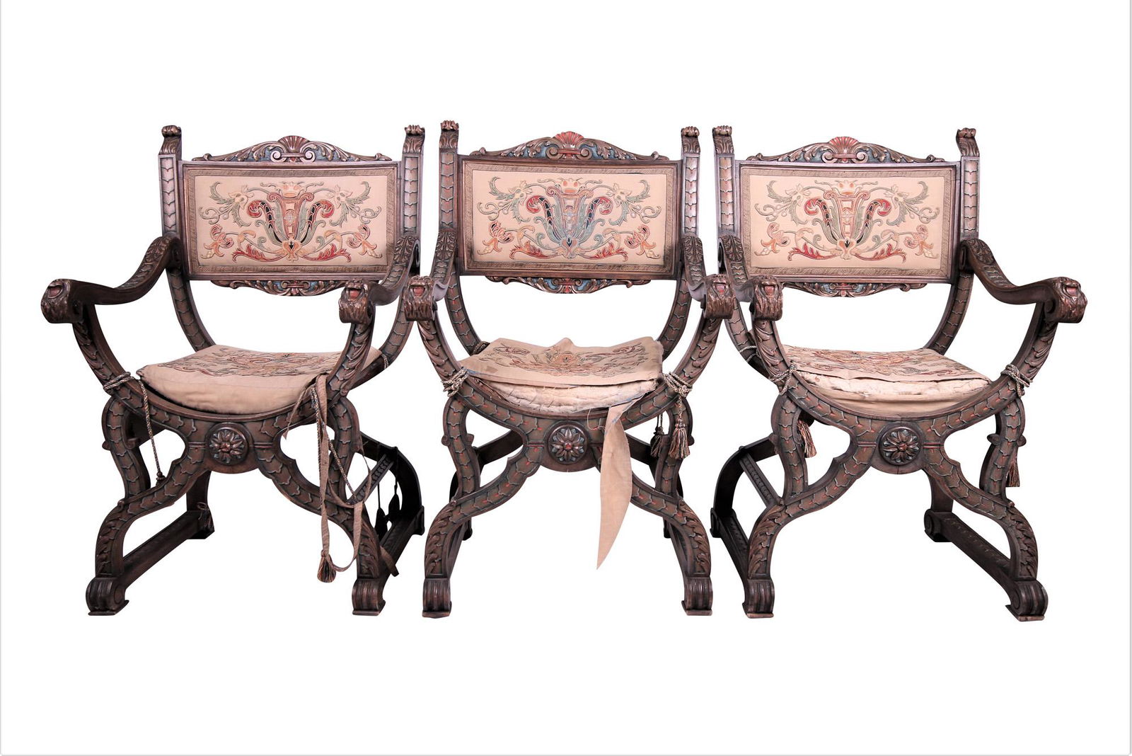 THREE CARVED & PAINTED OAK HALL CHAIRS (1 of 11)