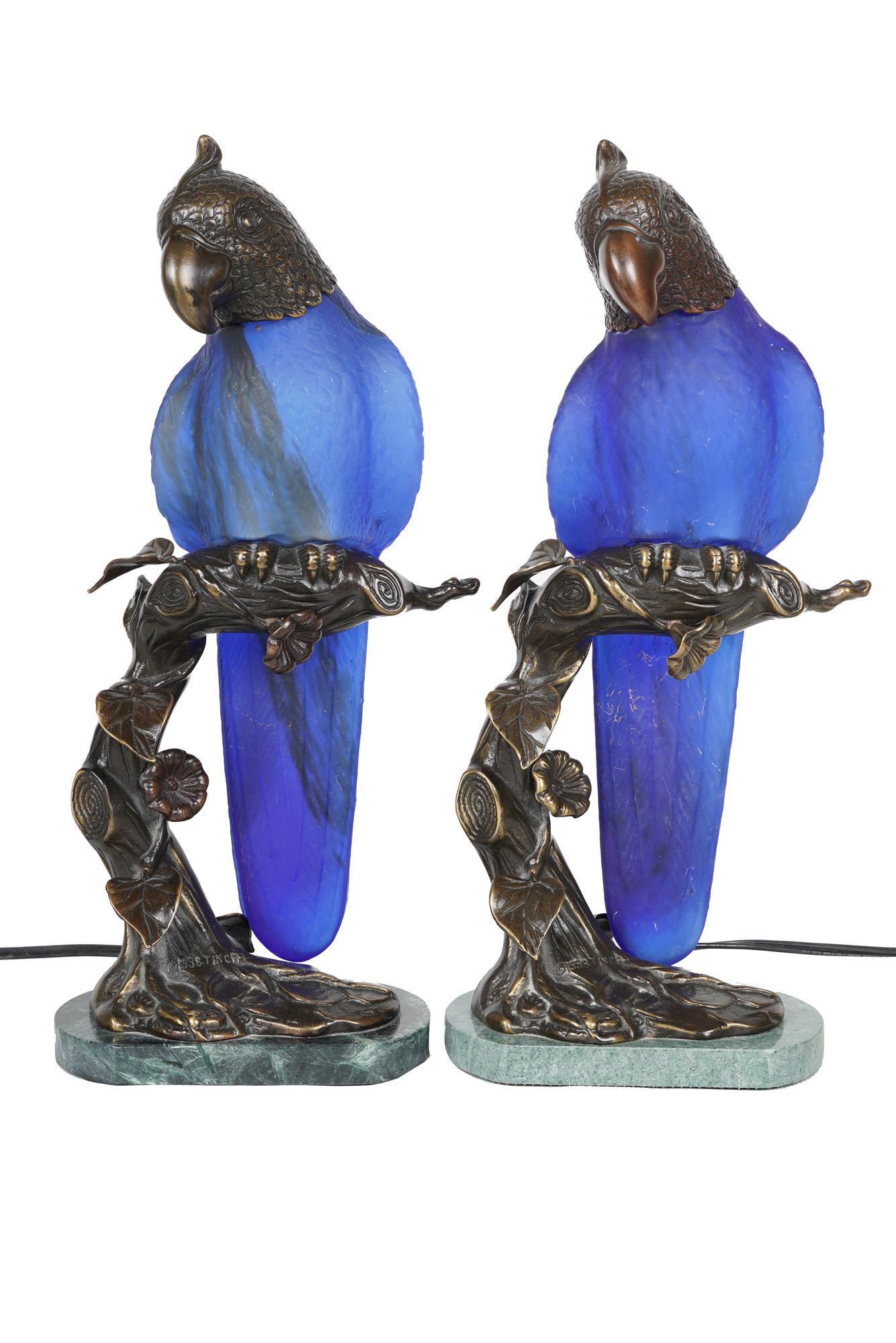 PAIR OF TINCHI BRONZE & GLASS PARROT-FORM TABLE LAMPS (1 of 12)