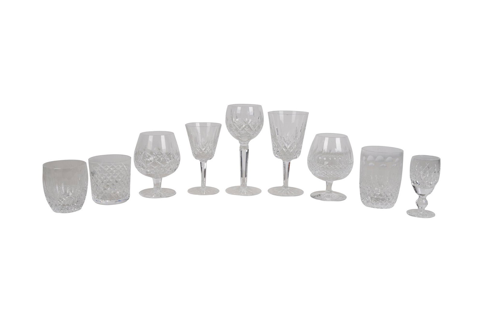 ASSEMBLED SET OF WATERFORD CRYSTAL STEMWARE: each piece signed "Waterford", an assembled set of various patterns comprising 10 brandy snifters (6 "Lismore" and 4 "Colleen", each 5 1/4"), 11 "Lismore" wine glasses (7 1/2"), 10 "Lismore" goblets (