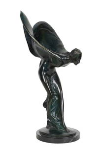 AFTER CHARLES ROBINSON SYKES: "SPIRIT OF ECSTASY": with dark green patina Condition: a few scattered light marks and scratches to surfaces. A 5/8 inch chip to edge of base. No signature or foundry mark. 13 inches wide; 20 1/2 inches total height