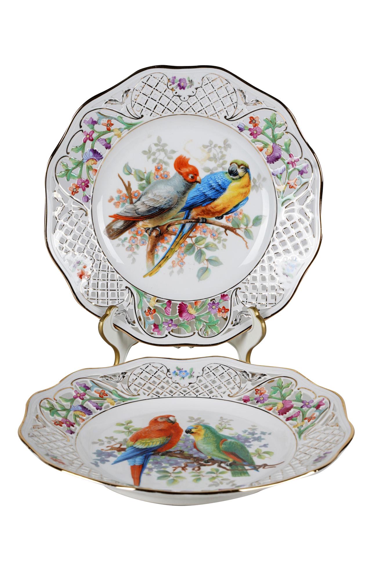 PAIR OF BAVARIAN PORCELAIN RETICULATED BIRD PLATES: Condition: good, no apparent cracks or repairs, minor surface wear to underside 10 1/4 inches diameter