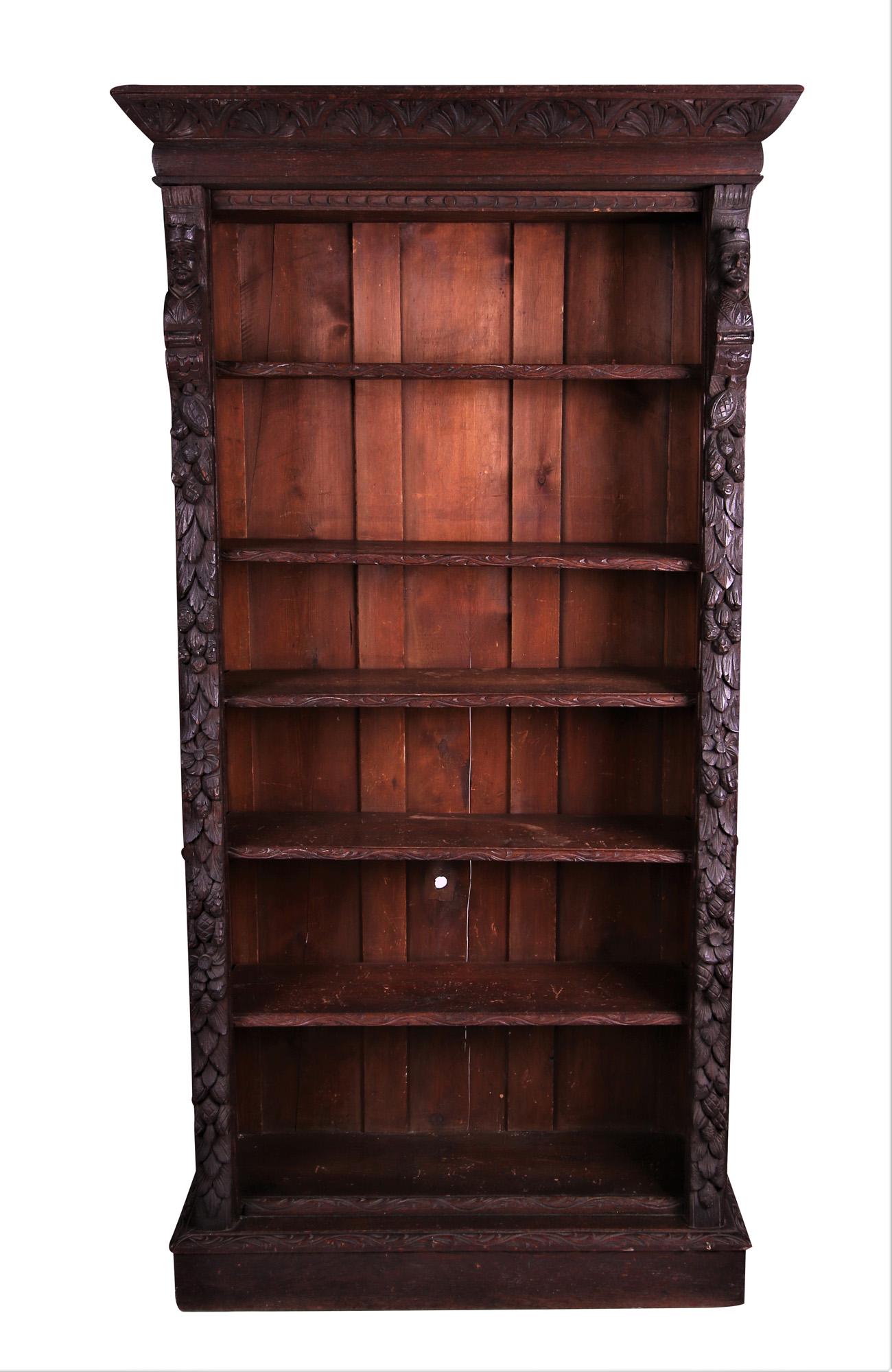 RENAISSANCE REVIVAL BOOKSHELF: with applied handles to sides; five interior adjustable shelves 35 inches wide; 13 inches deep; 77 inches high
