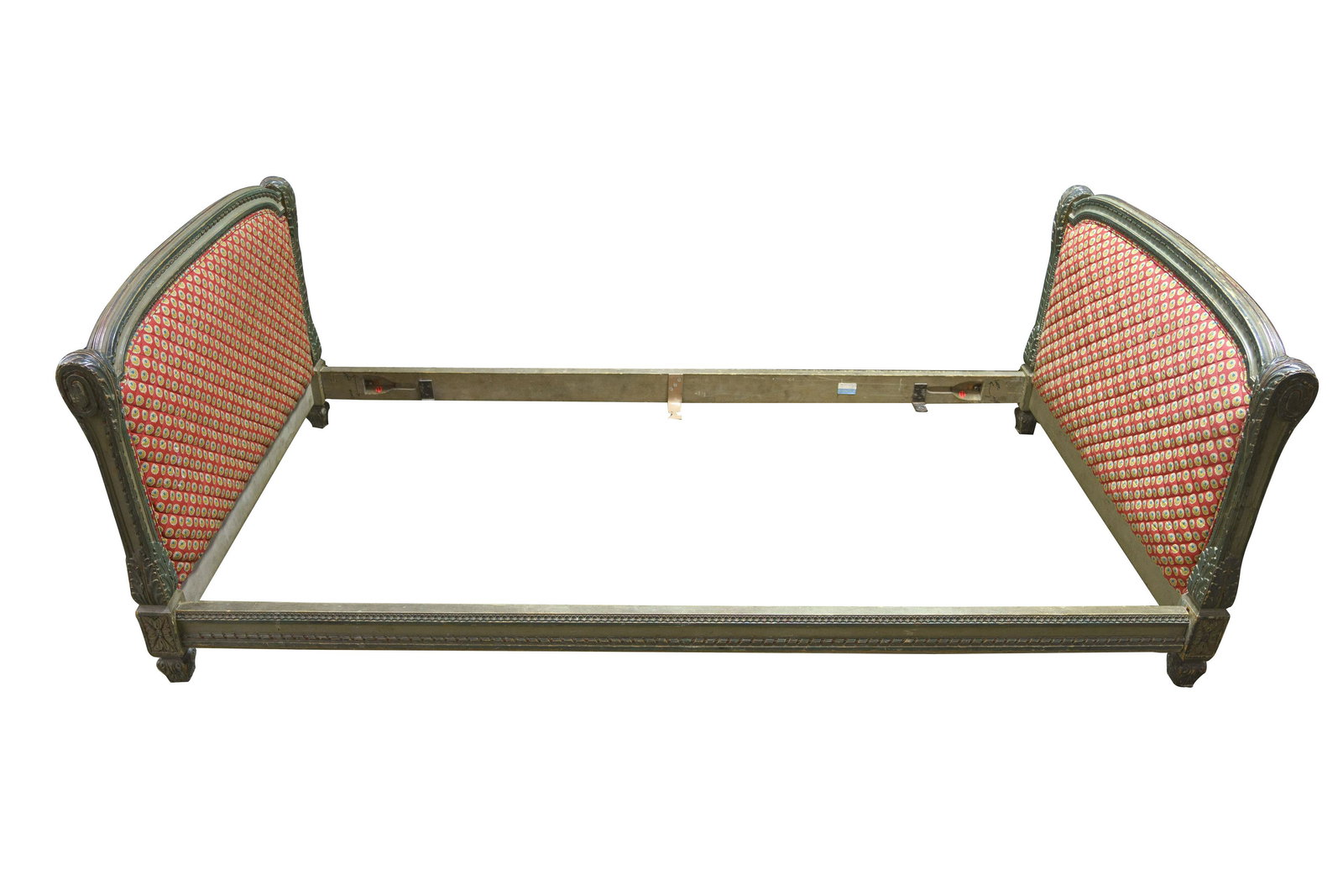 LOUIS XVI STYLE PAINTED DAYBED: with European bolting on rails Condition: fading to upholstery on one outside panel; minor loss to paint on frame. No mattress. 84 inches wide; 42 inches deep; 30 1/2 inches high