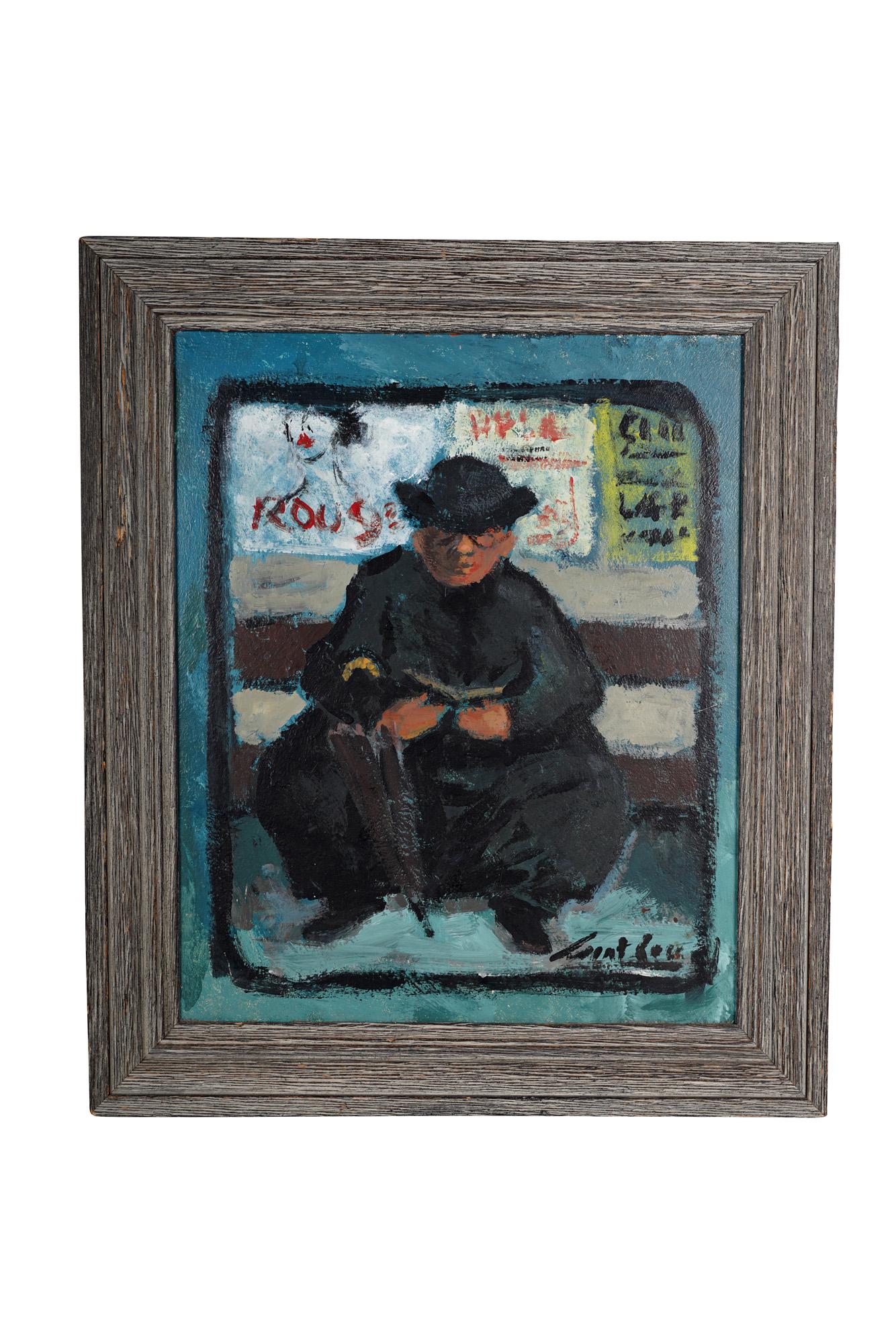 MAURICE SAINT-LOU: "CURE WAITING AT THE METRO": oil on board signed lower right "Saint-Lou" Provenance: with label verso from Austin Gallery, Santa Barbara, CA panel size: 17 x 14 inches; frame size: 20 1/2 x 17 1/2 inches