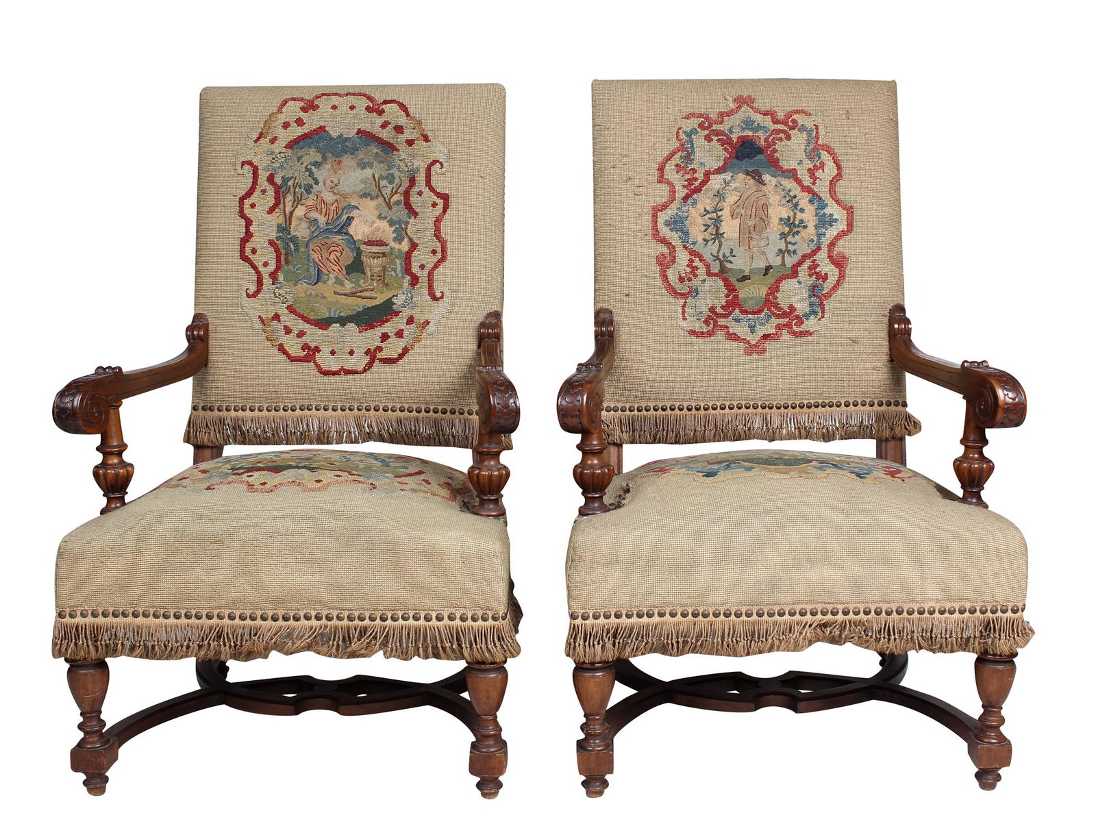 PAIR OF RENAISSANCE STYLE NEEDLEPOINT ARMCHAIRS: Condition: the needlepoint with some loose threads and stitch losses showing foundation each 27 inches wide; 22 1/2 inches deep; 44 inches high; seat height: 18 inches