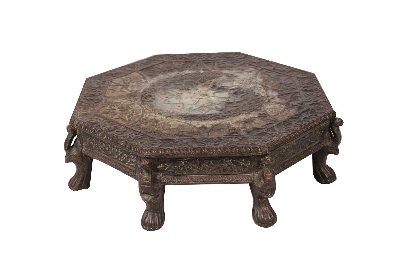 INDIAN BRASS COPPER DECORATED WOOD LOW TABLE (1 of 4)
