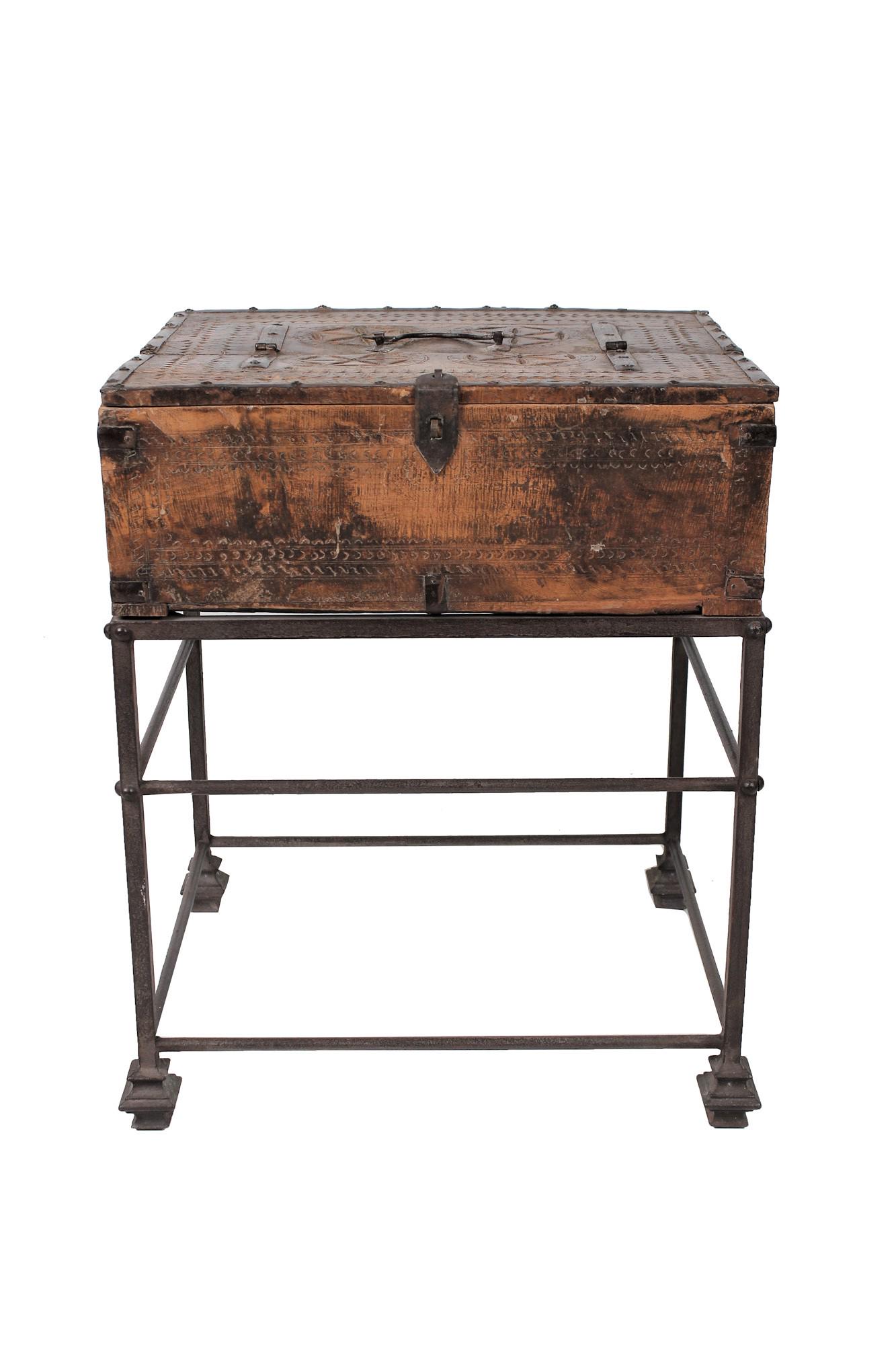 CARVED WOOD & IRON TRUNK ON STAND (1 of 6)