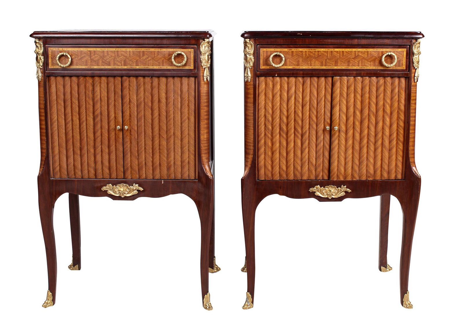 PAIR OF LOUIS XV STYLE PARQUETRY-INLAID NIGHT STANDS: with bronze mounts each 21 inches wide; 13 1/2 inches deep;33 inches high