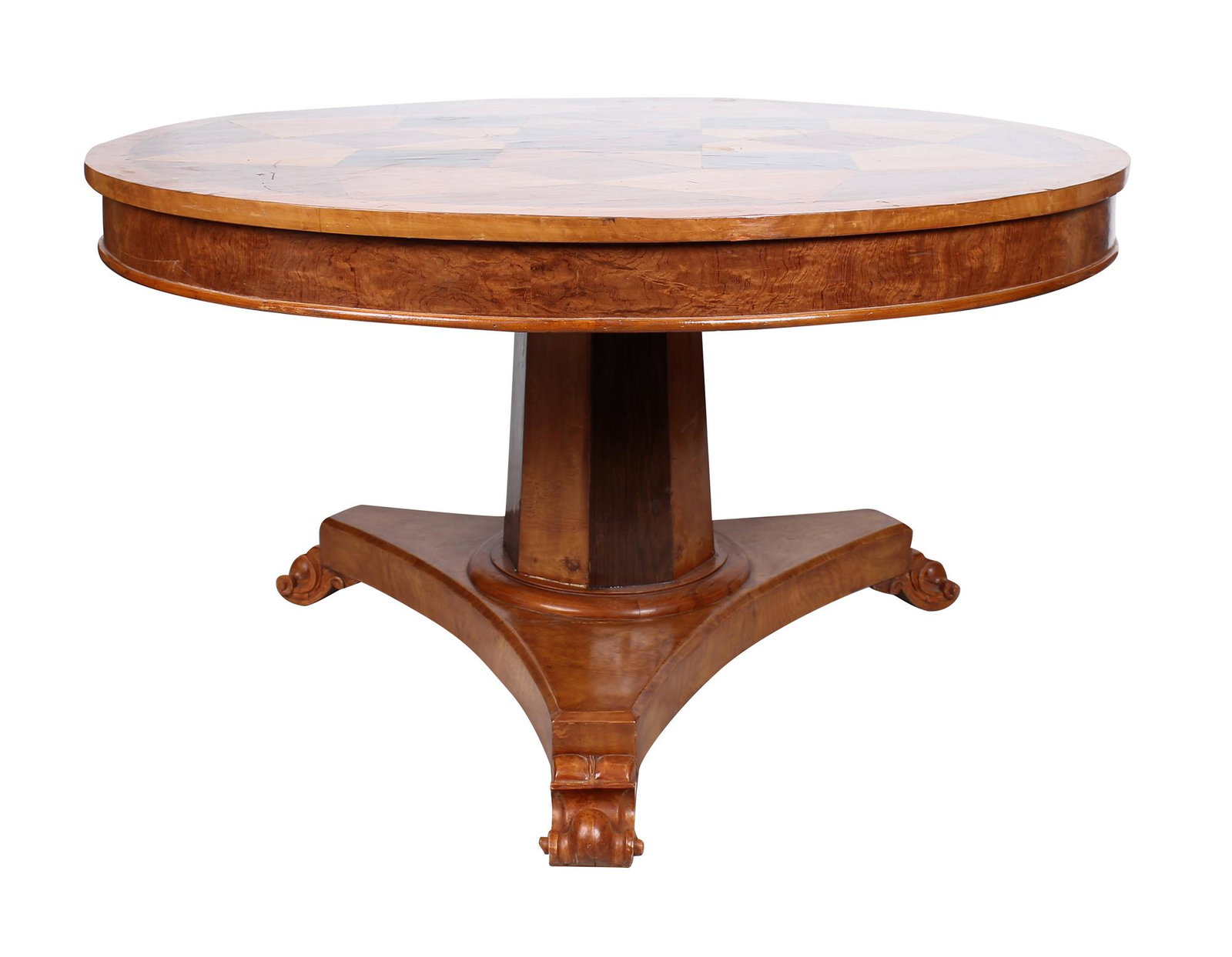 ITALIAN PARQUETRY-INLAID CENTER TABLE: Condition: a few losses to pedestal. An area of minor cracking to top. 52 inches diameter; 29 1/2 inches high