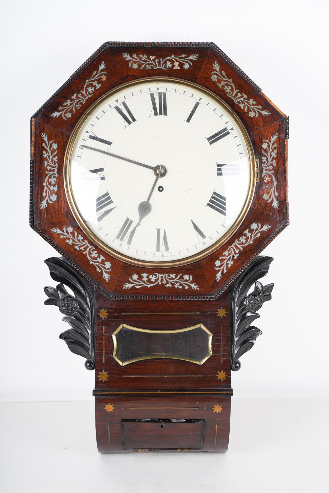 MAHOGANY & BRASS INLAY WALL CLOCK: Condition: with loss to veneer throughout 17 inches wide; 27 inches high