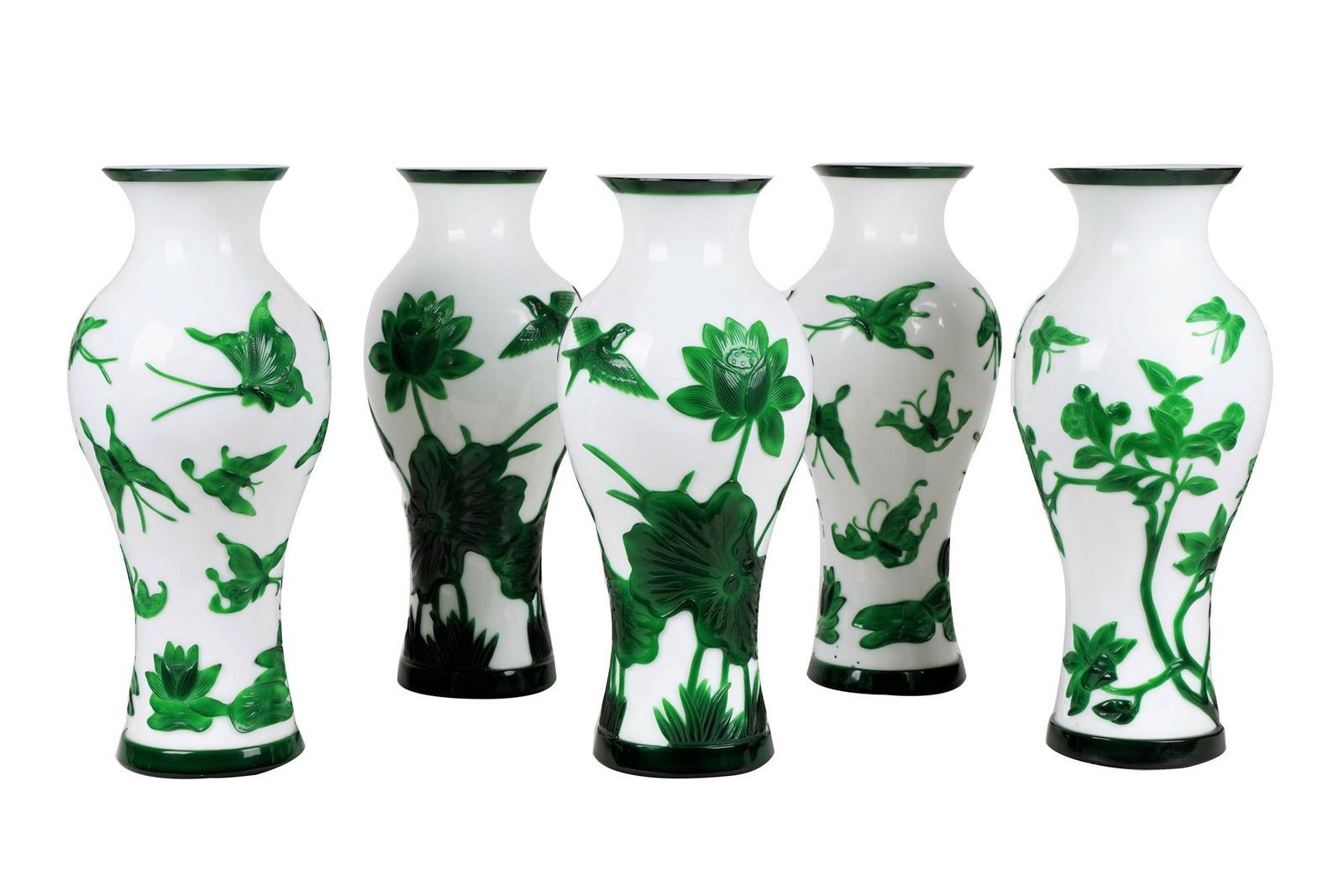 SET OF FIVE CHINESE GREEN & WHITE PEKING GLASS VASES (1 of 6)