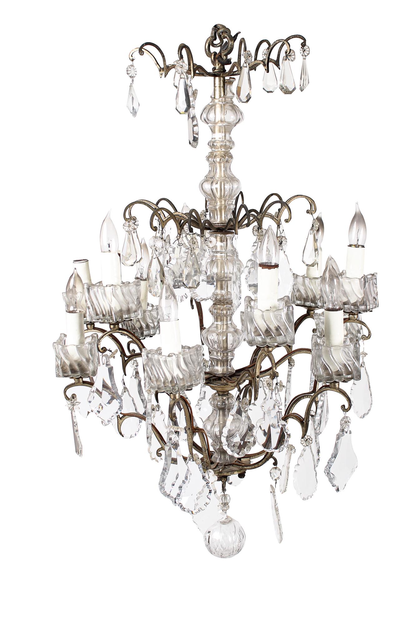 FRENCH METAL & DROP CRYSTAL TWELVE-LIGHT CHANDELIER (1 of 6)