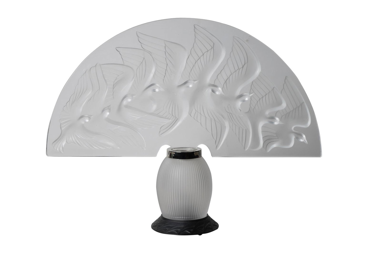 LALIQUE & MARIE CLAUDE LALIQUE "HOKKAIDO" LAMP: the shade signed 'Lalique, France' Condition: good, acrylic piece for inset is loose, sticker residue to front of shade 21 inches wide;16 1/2 inches high