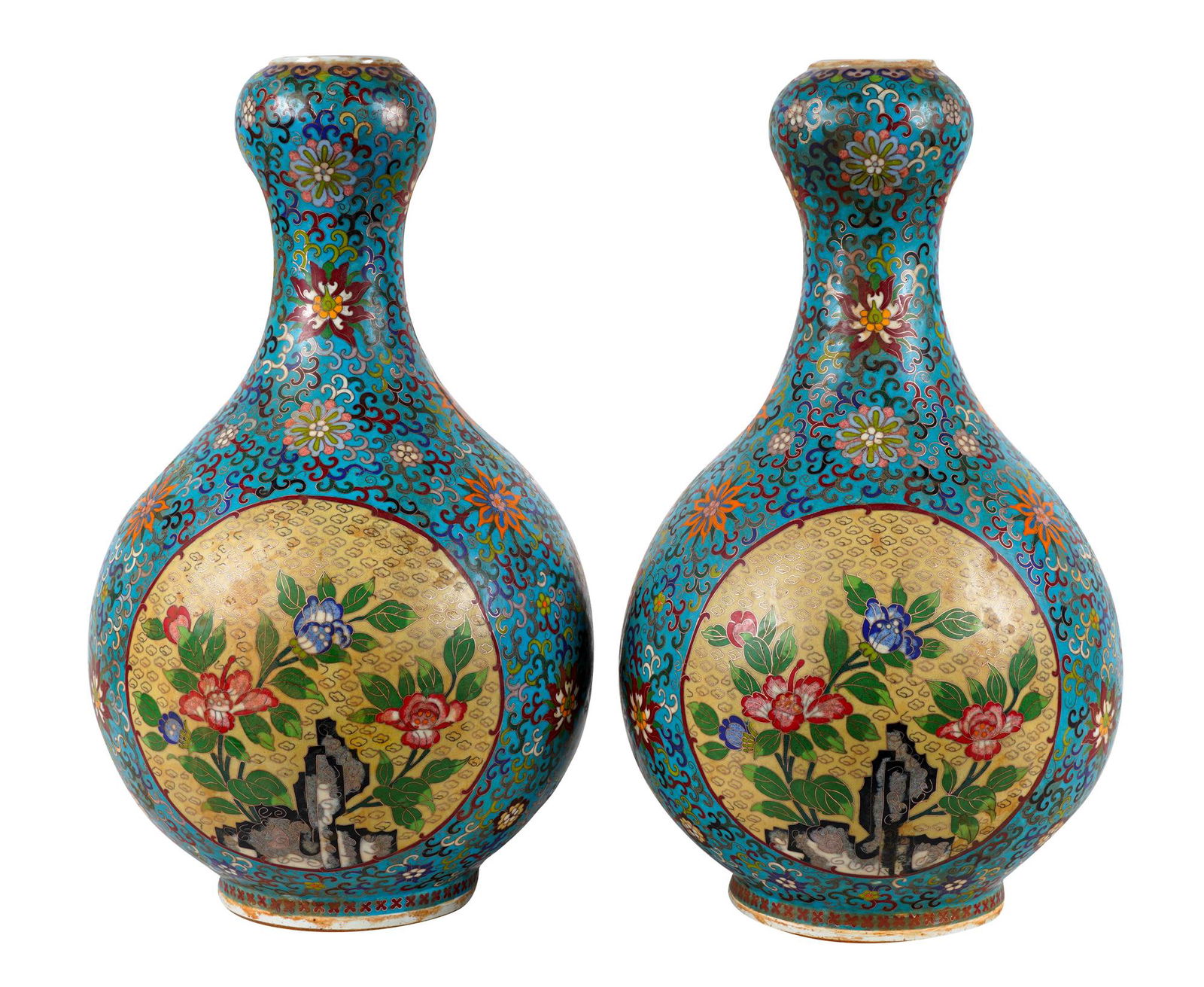 PAIR OF CHINESE OVAL CLOISONNE & PORCELAIN VASES (1 of 13)