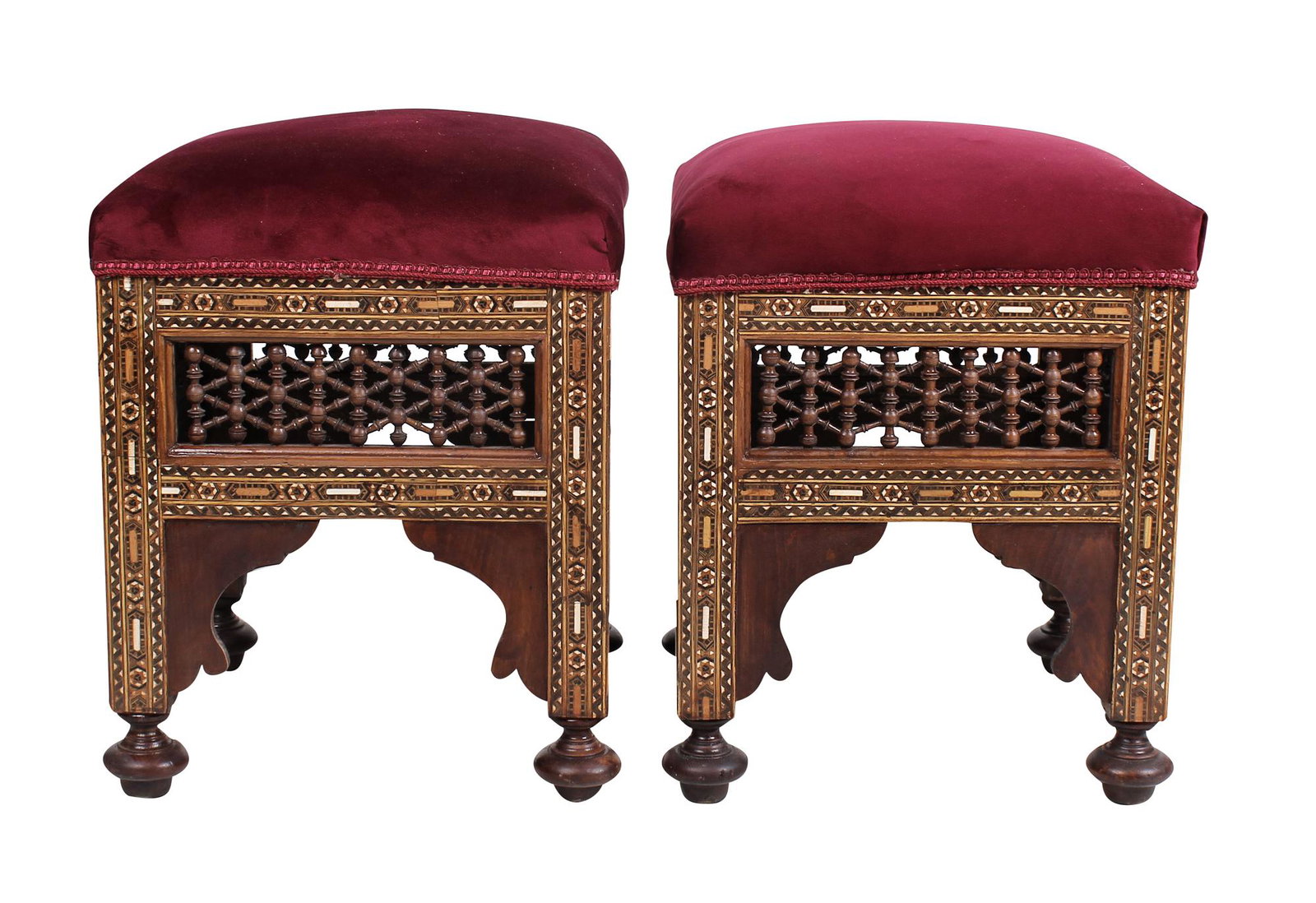 PAIR OF MOORISH MOSAIC INLAID STOOLS: with burgundy velvet upholstery each 16 inches square; 20 inches high