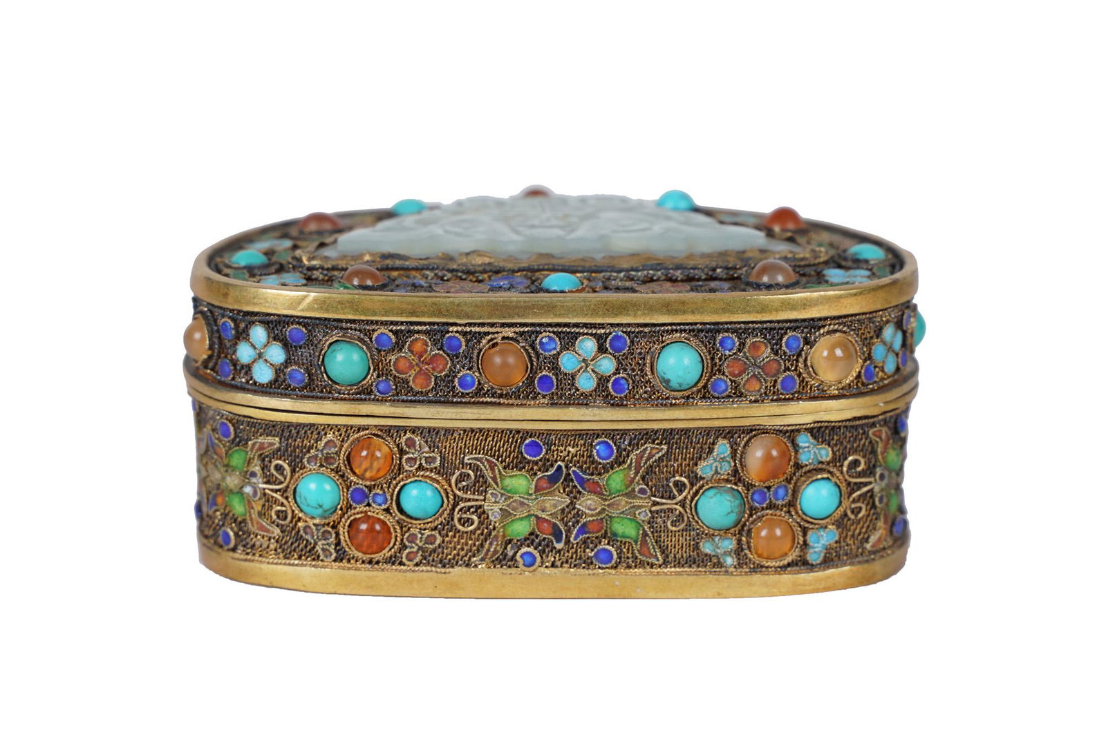 CHINESE GILT, ENAMEL, & INLAID JADE BOX (1 of 8)