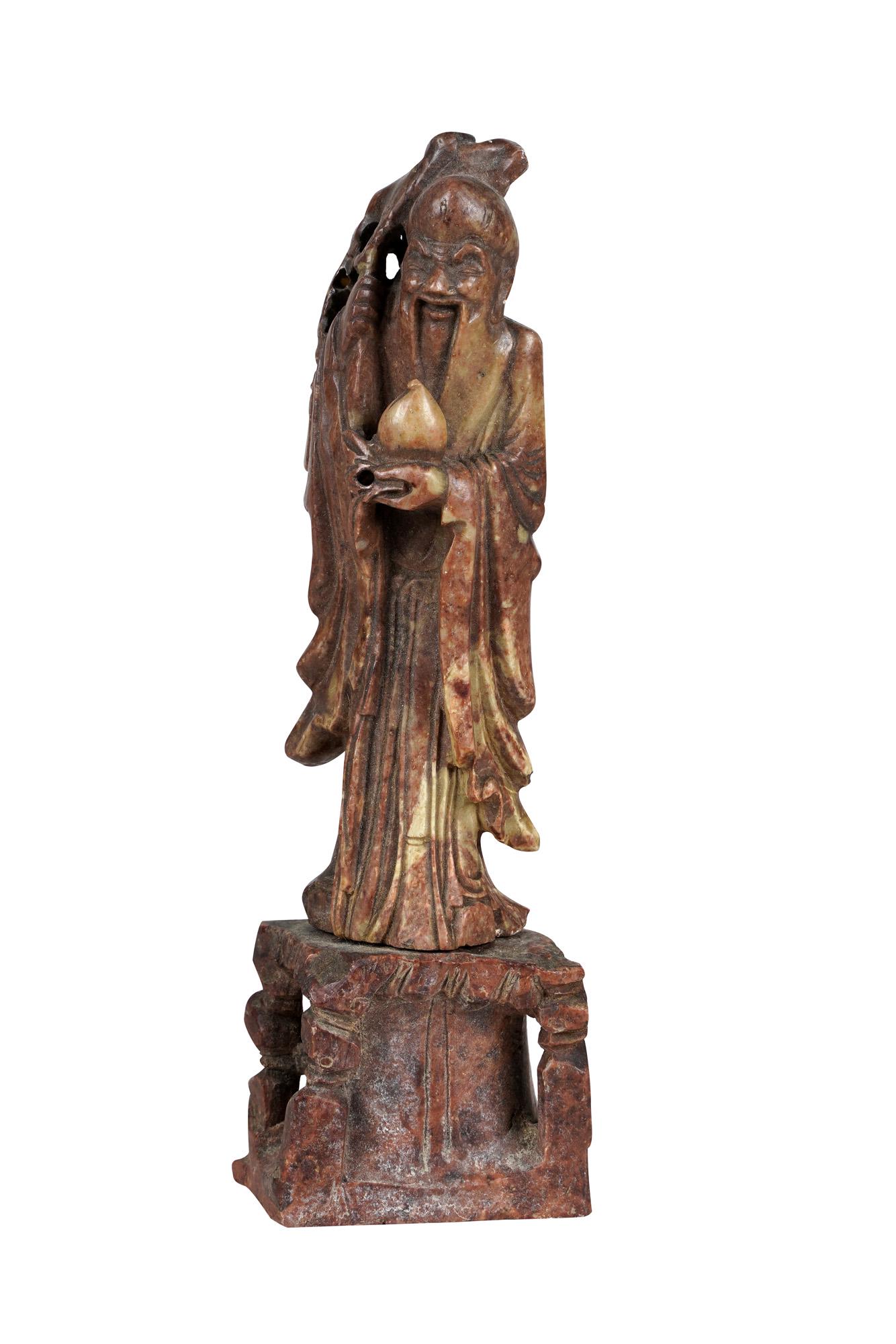 CHINESE CARVED SOAPSTONE ELDER: Condition: with minor nicks and surface scratches throughout 10 inches high