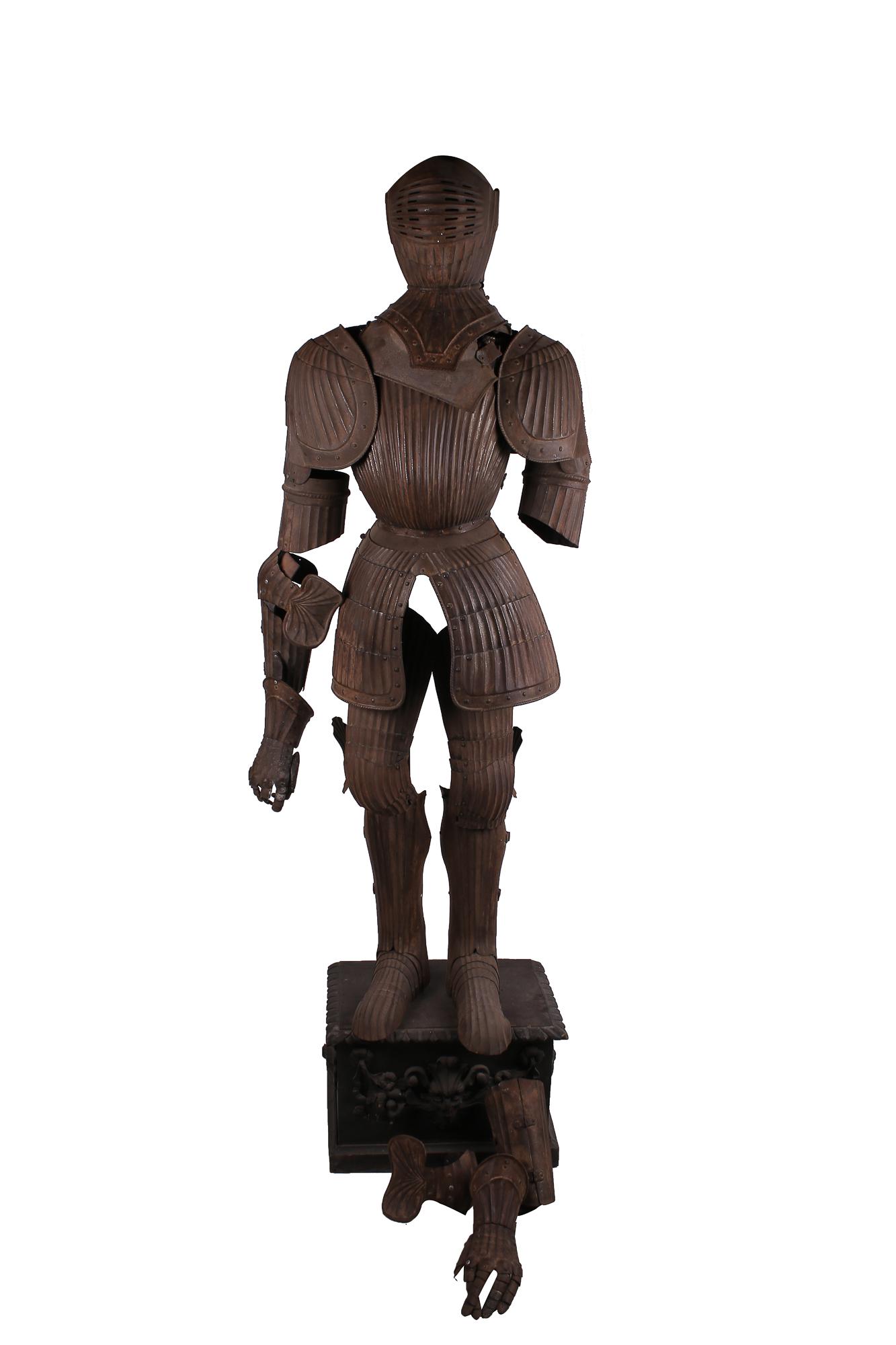 SUIT OF ARMOR: Provenance: The Estate of Lee Phillip Bell, co-creator of 'The Young and the Restless' and 'The Bold and the Beautiful' Condition: Oxidation throughout. Disassembled. 35 1/2 inches high from foot to t