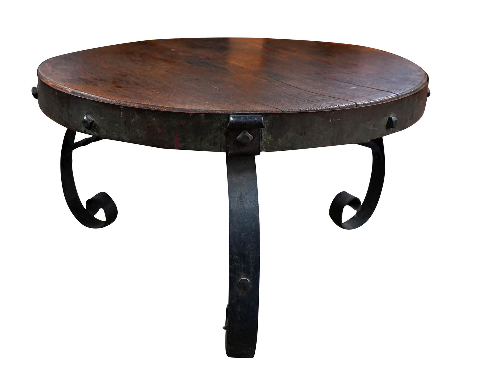 IRON BASE WOOD COFFEE TABLE: Condition: with large split to wood top 32 inches diameter; 18 inches high